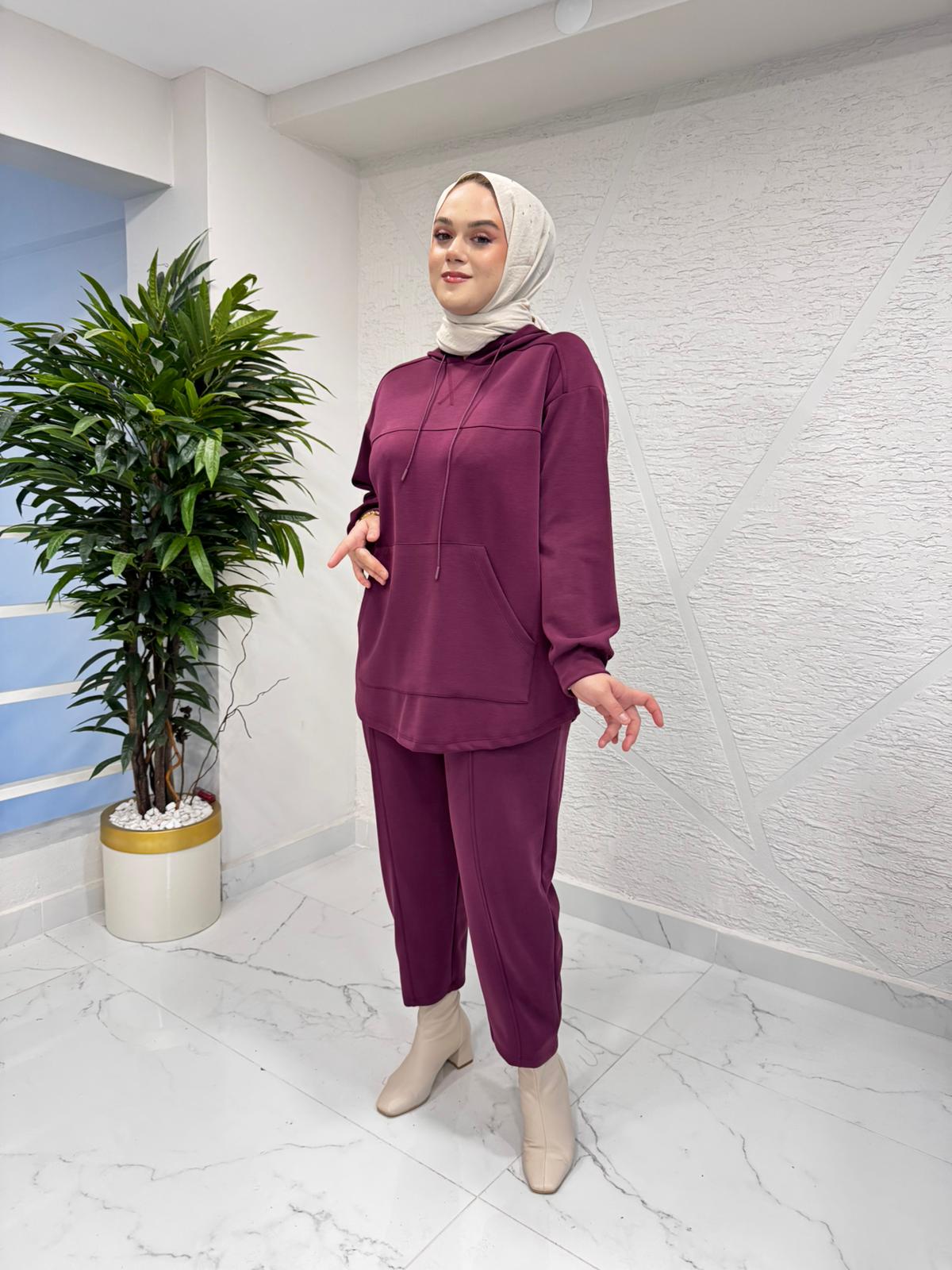 İKOL 36056 KESİK DETAYLI KANGURU CEPLİ TAKIM BORDO