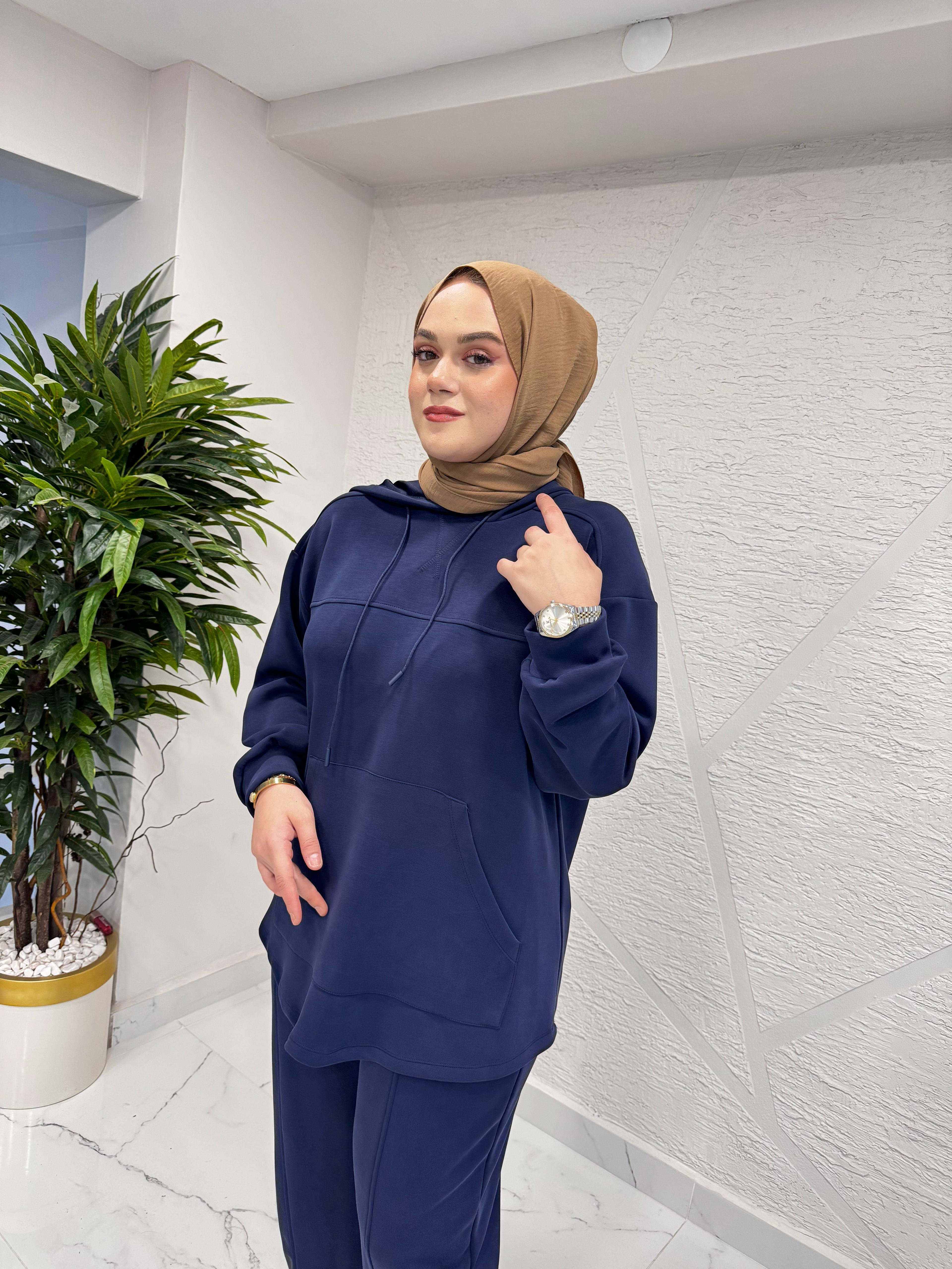 İKOL 36056 KESİK DETAYLI KANGURU CEPLİ TAKIM LACİVERT