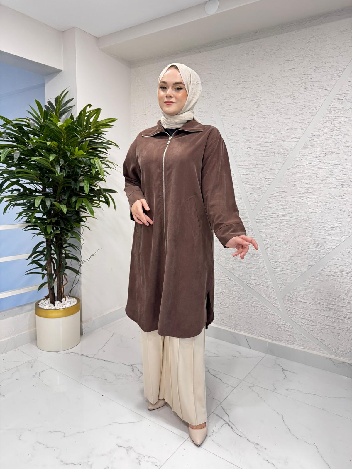 İKOL 36127 DİK YAKA FERMUARLI OVERSIZE KAP KAHVERENGİ