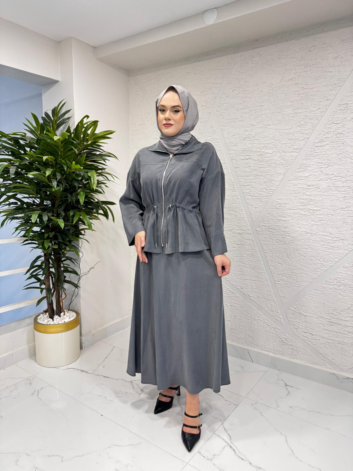 İKOL 36191 KESİK DETAYLI BELİ TÜNELLİ TAKIM GRİ