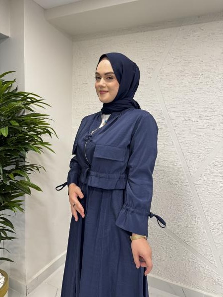 CEREMONY 5899-5633 ETEK UCU VE KOLLARI BÜZGÜLÜ ÖNDEN FERMUARLI AKSESUARLI KISA DUBAI CEKET ETEK TAKIM LACİVERT