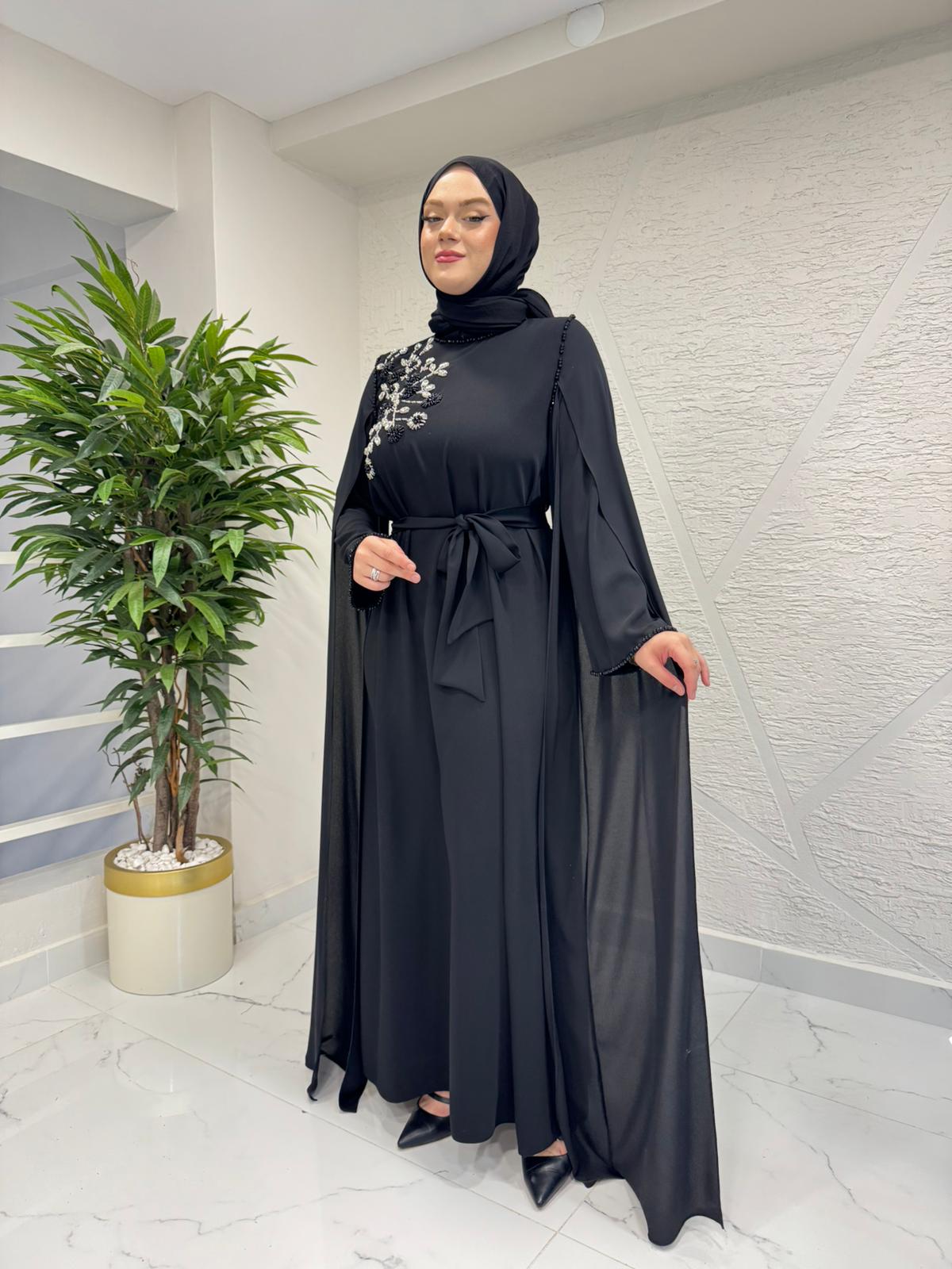 ETRUCCI 4253 ELİŞİ İŞLEMELİ ŞİFON DETAYLI ELBİSE (İÇLİKSİZ) SİYAH