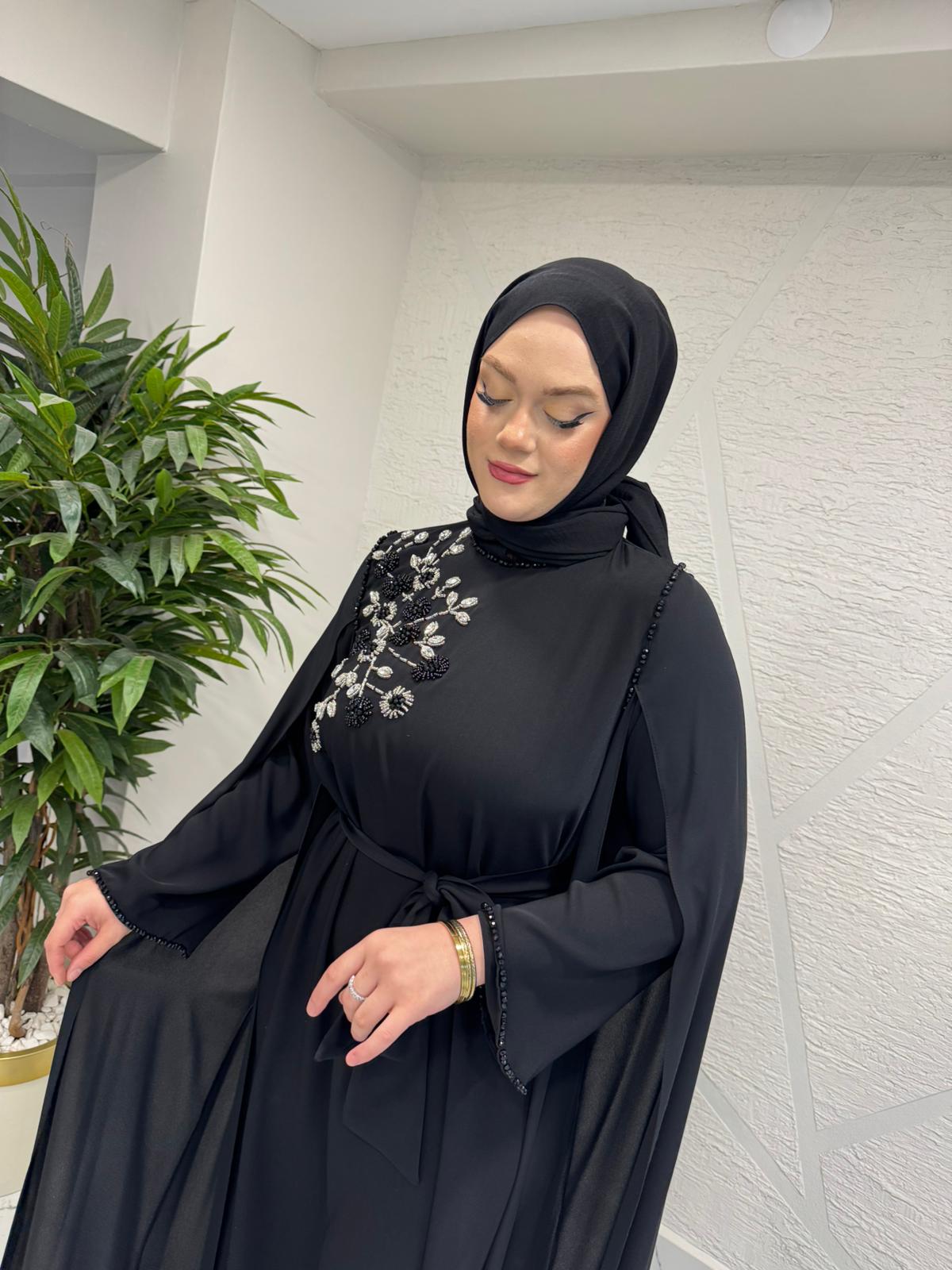 ETRUCCI 4253 ELİŞİ İŞLEMELİ ŞİFON DETAYLI ELBİSE (İÇLİKSİZ) SİYAH