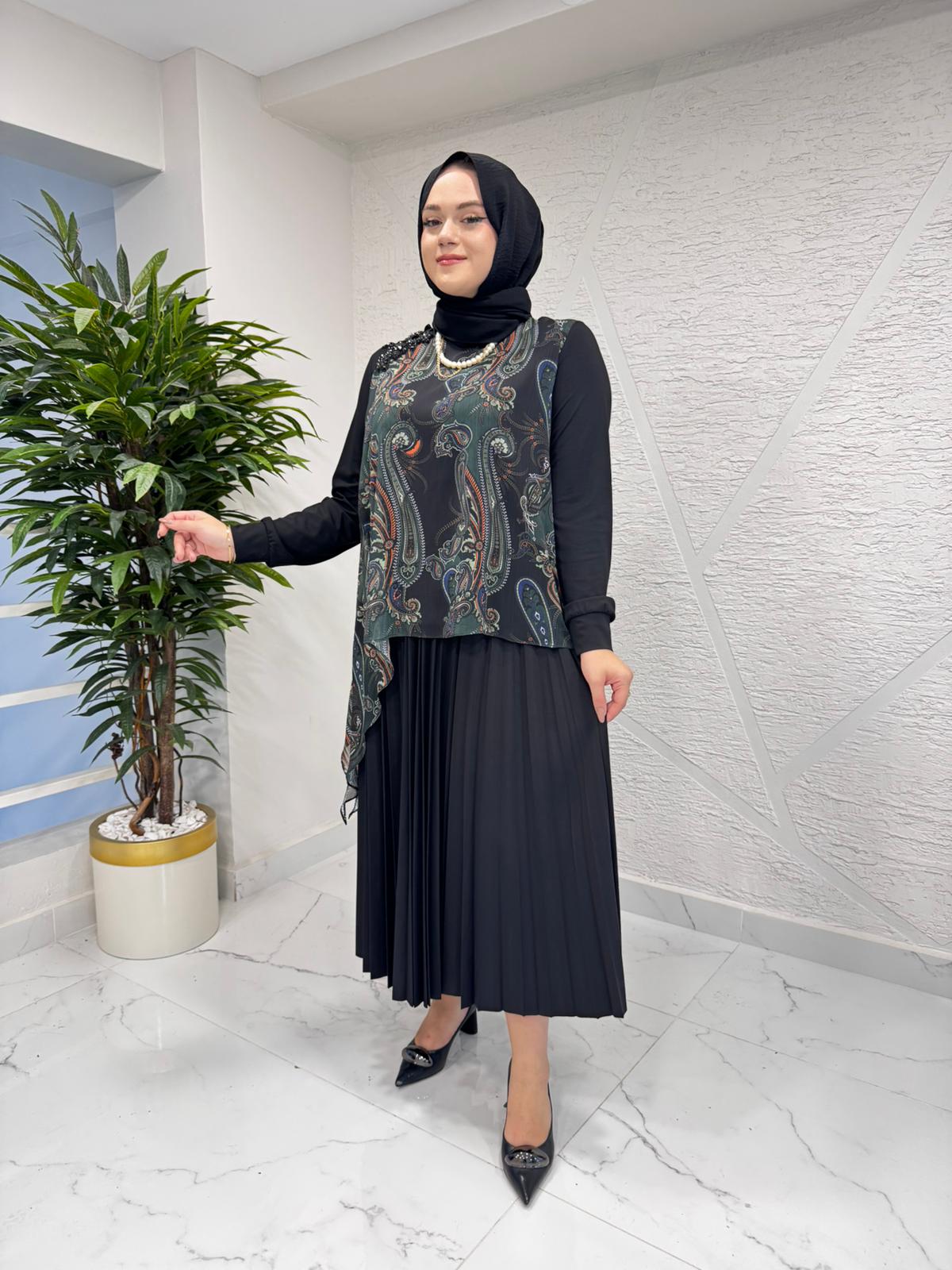 FUAT GÜRŞEN 4307-4407 TUNİĞİ DESENLİ ETEK TAKIM SİYAH