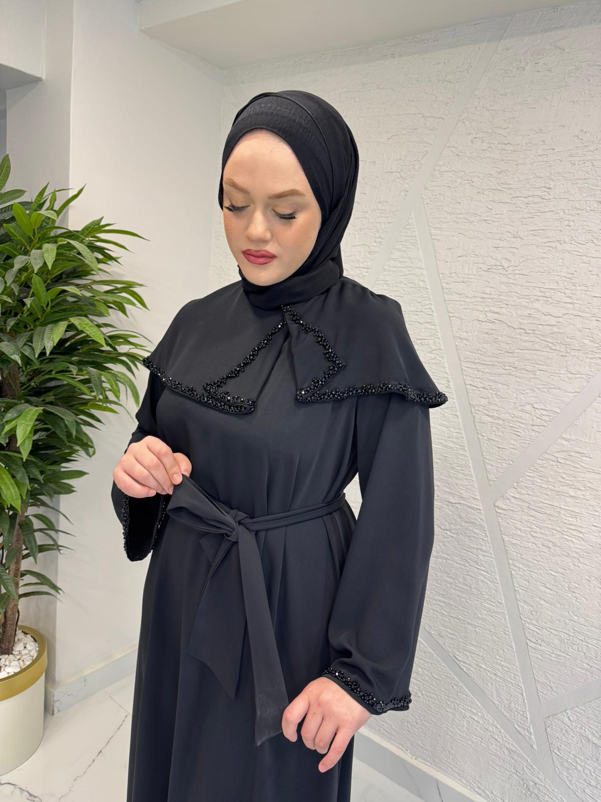 ETRUCCI 4320 ÖZEL YAKA TAŞ İŞLEME DETAYLI ELBİSE SİYAH