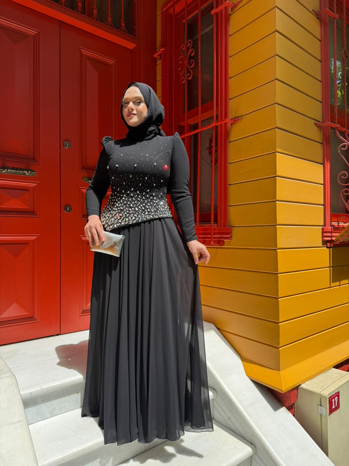 TUAY 4498 KREP ABİYE ELBİSE SİYAH