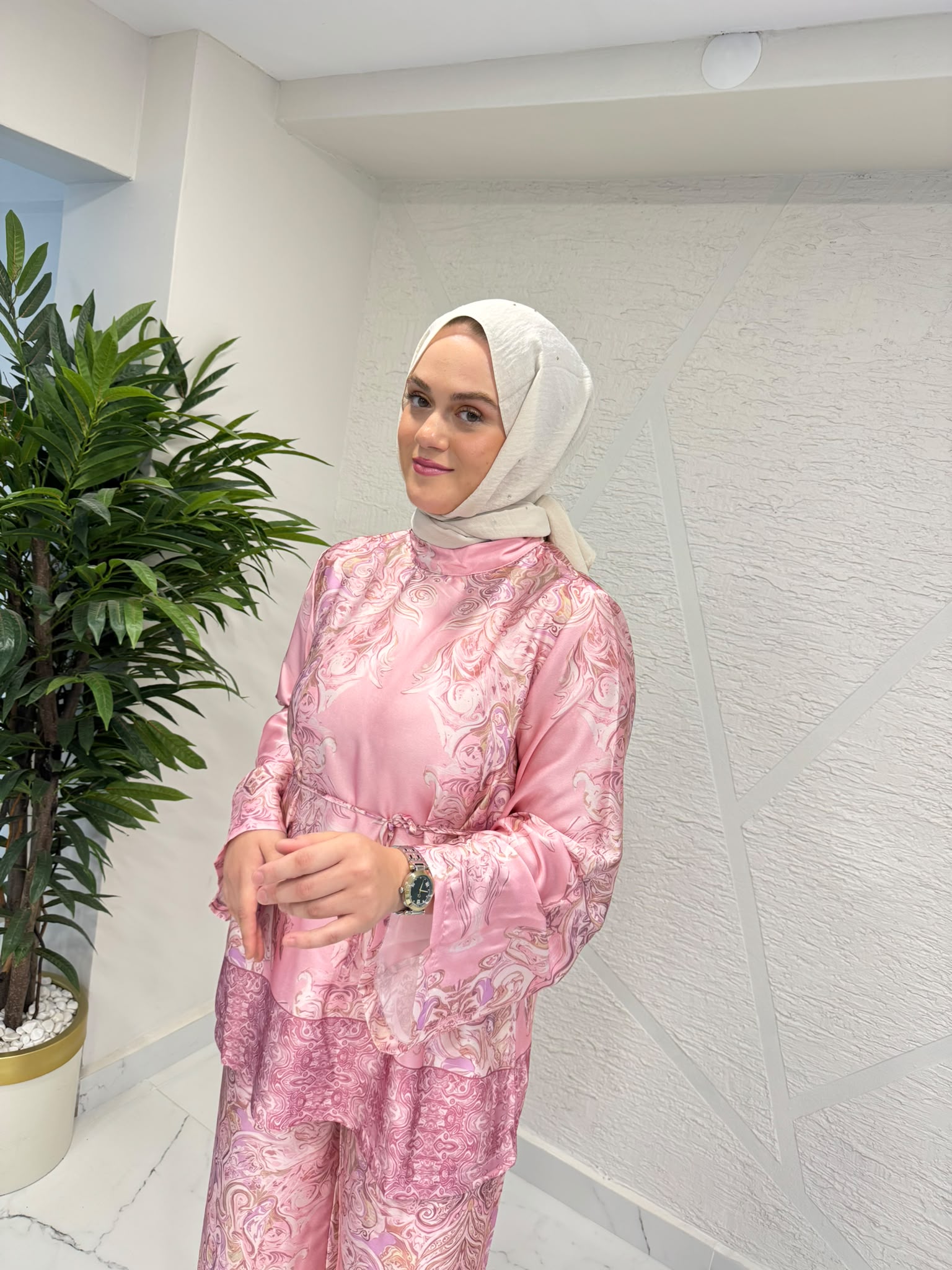 TABA 4525 LIYA DESENLİ PANTOLON TAKIM TOZ PEMBE