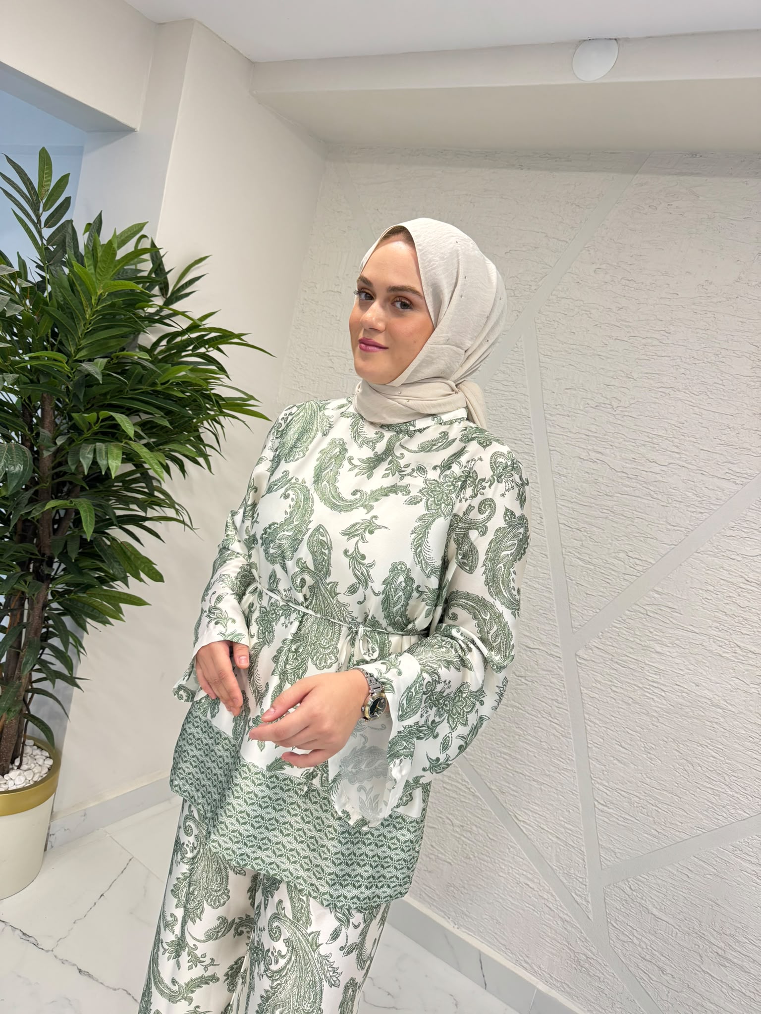 TABA 4525 LIYA DESENLİ PANTOLON TAKIM YEŞİL-BEYAZ