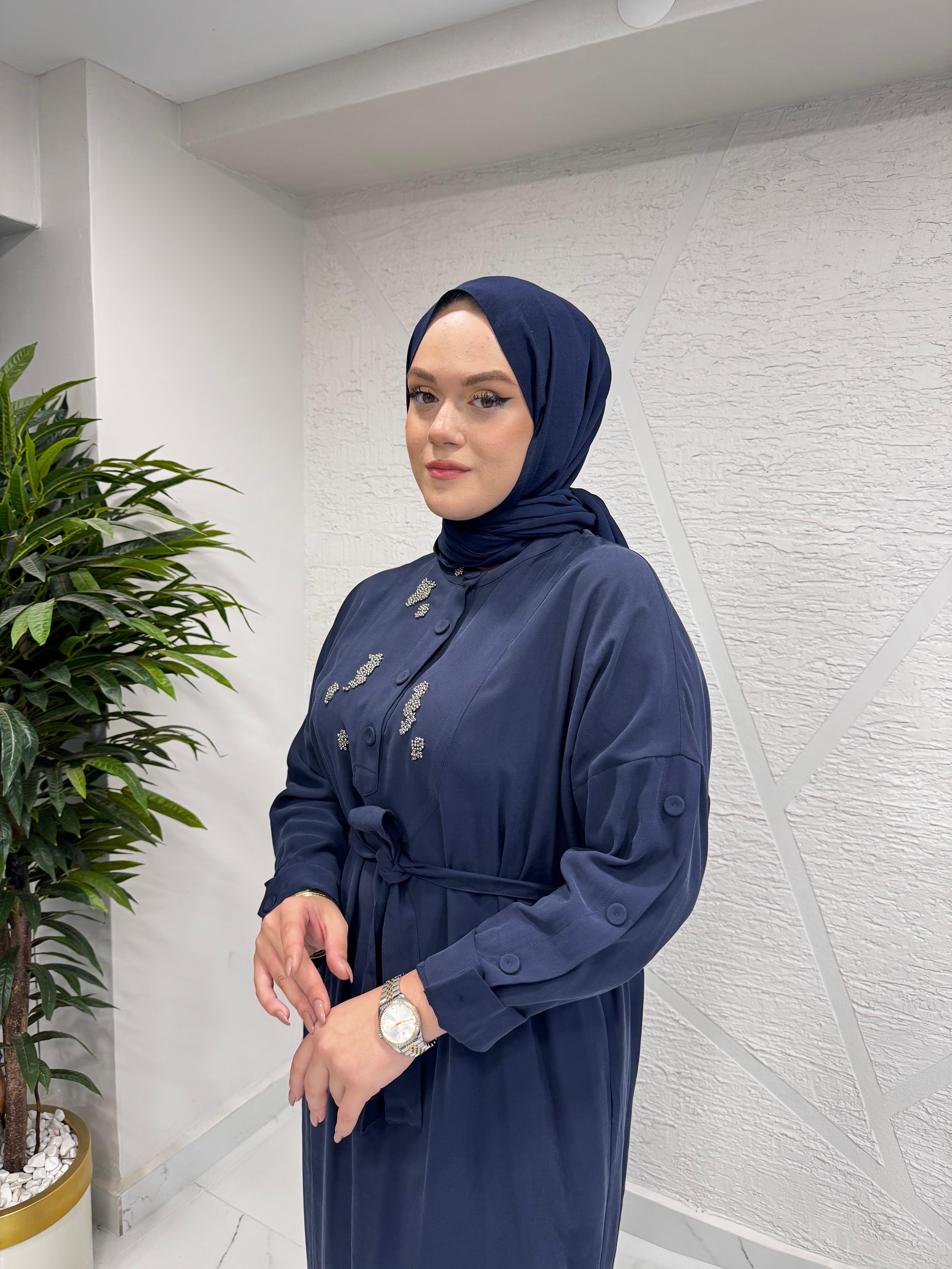 CEREMONY 6701 KOLLARI VE ETEK ALTI DÜĞME DETAYLI ELBİSE LACİVERT