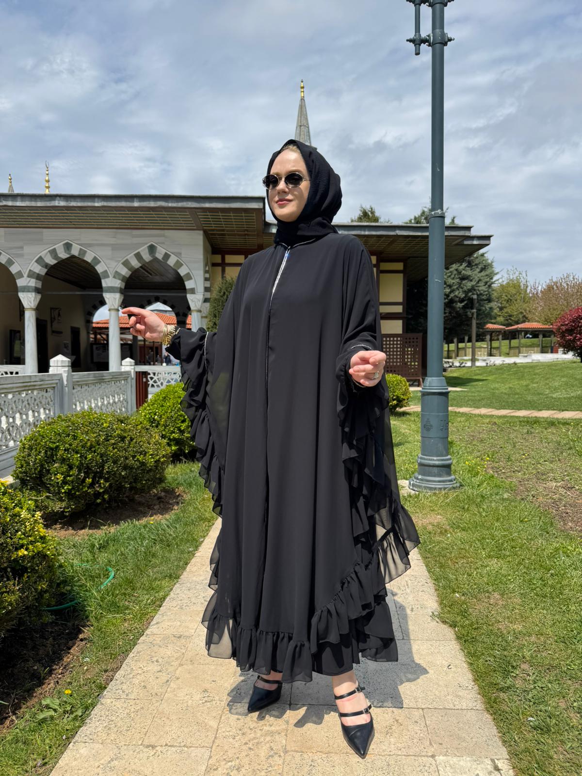 TANE 4866 FIRFIRLI ABAYA SİYAH