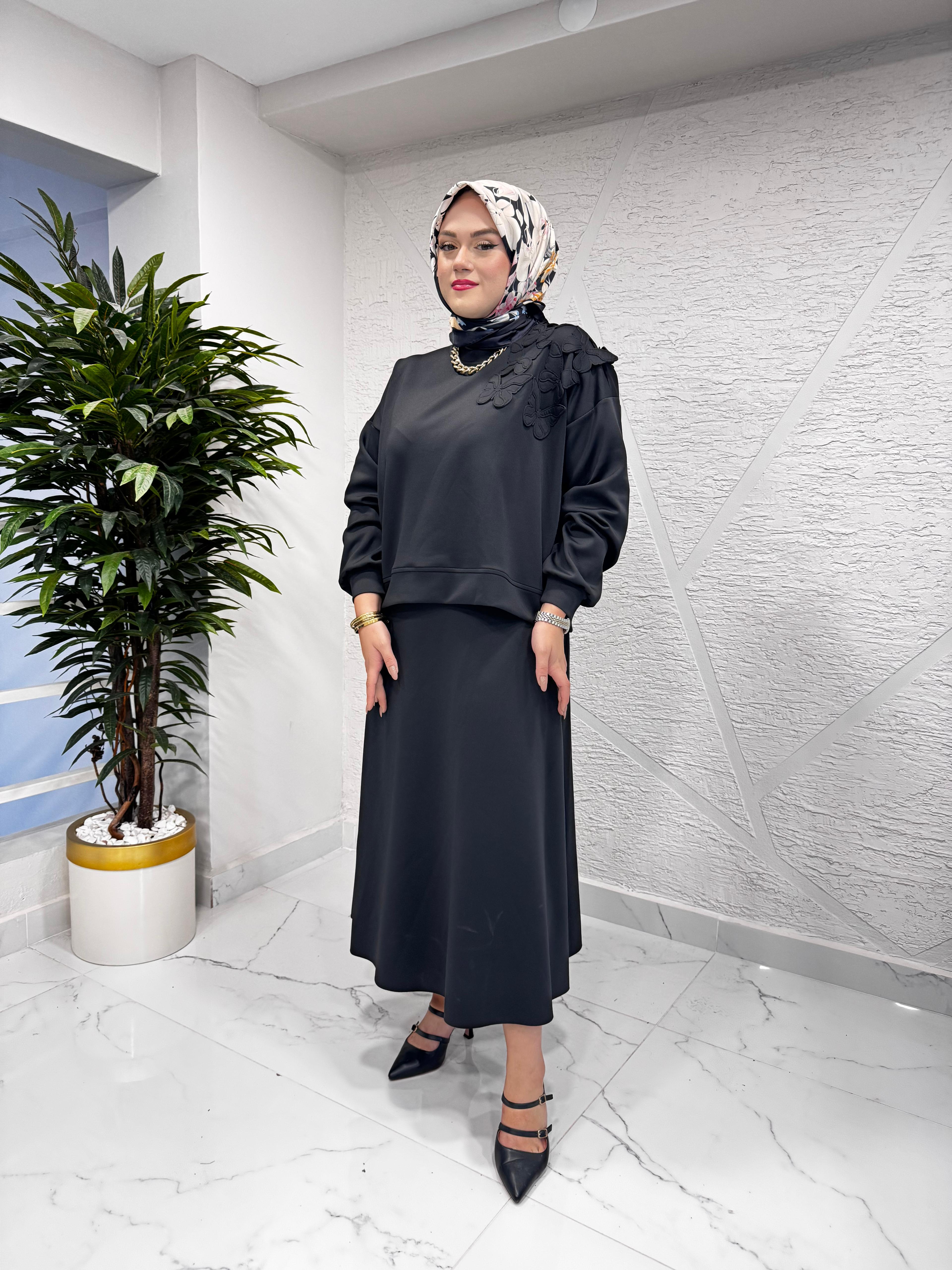MISSEMRAMISS 4871 ALAERA NAKIŞLI BLUZLU TAKIM SİYAH