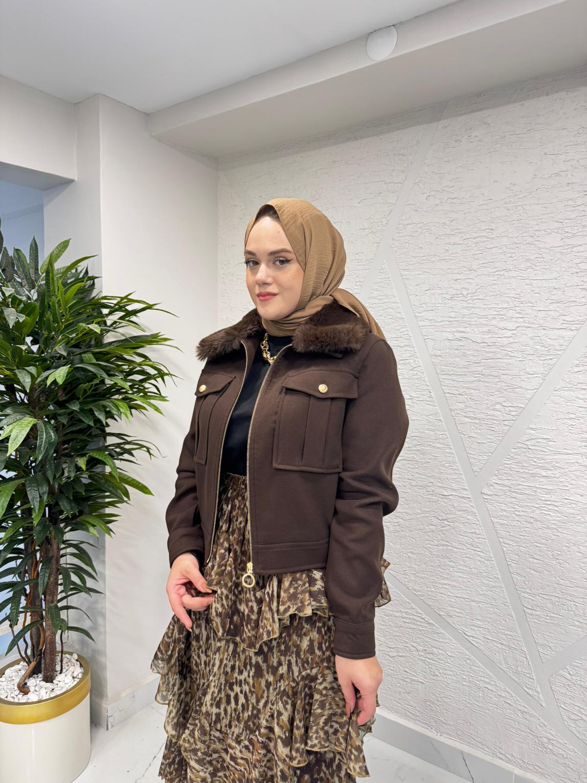 MISSEMRAMISS 4895 KÜRKLÜ KAŞE KISA CEKET KAHVERENGİ