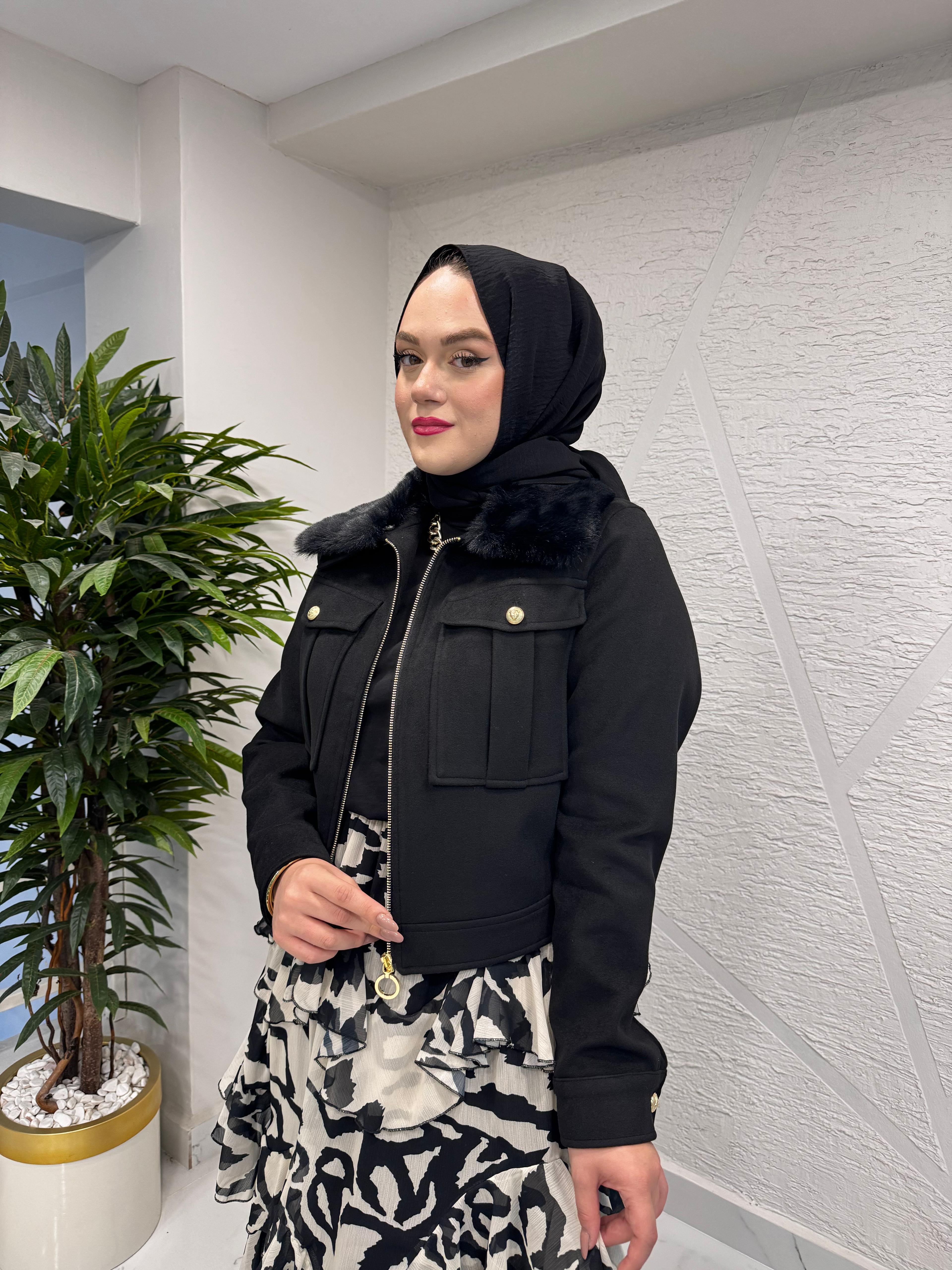 MISSEMRAMISS 4895 KÜRKLÜ KAŞE KISA CEKET SİYAH