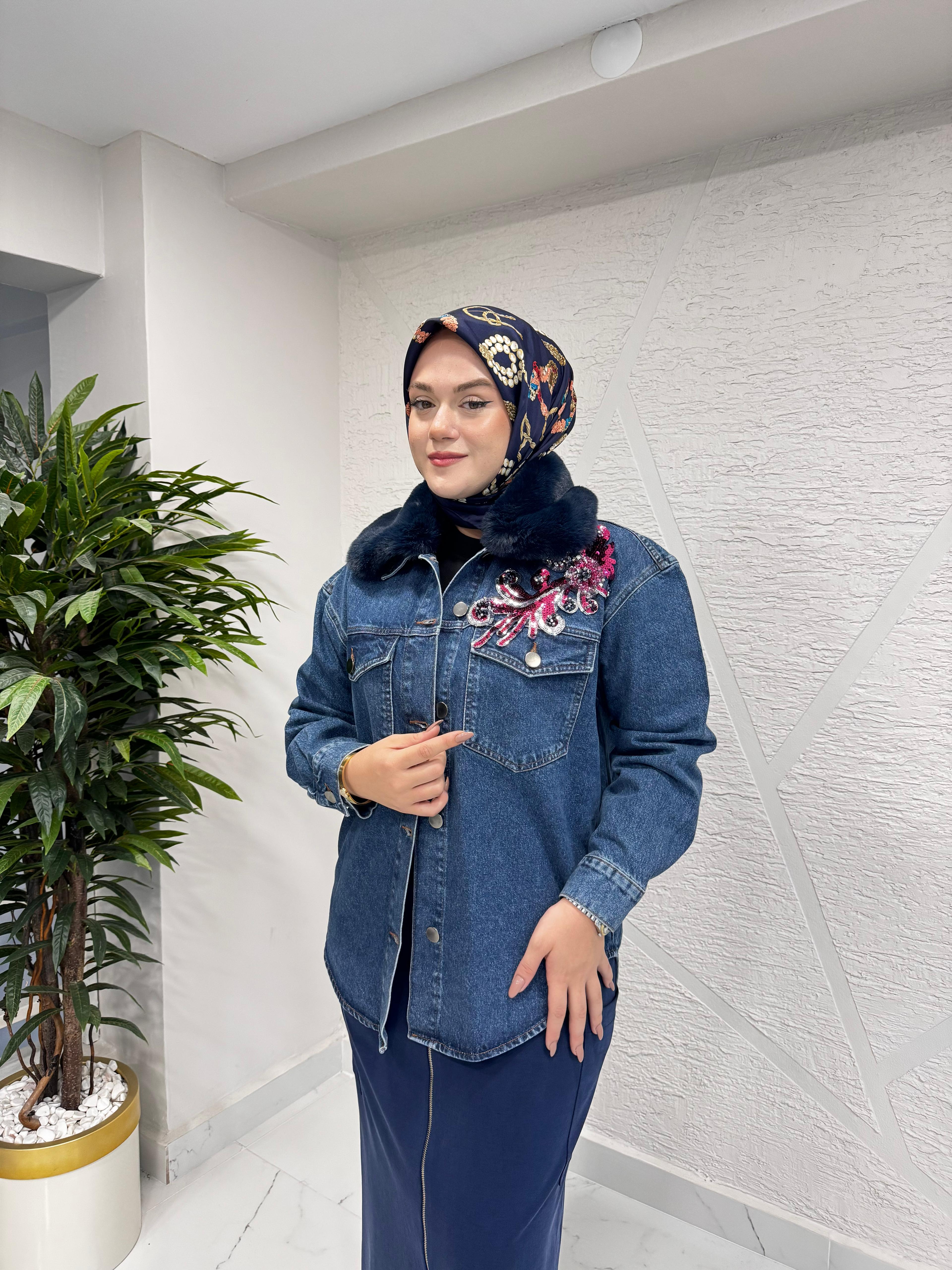 MISSEMRAMISS 4909 KÜRKLÜ İŞLEMELİ DENİM CEKET DENİM