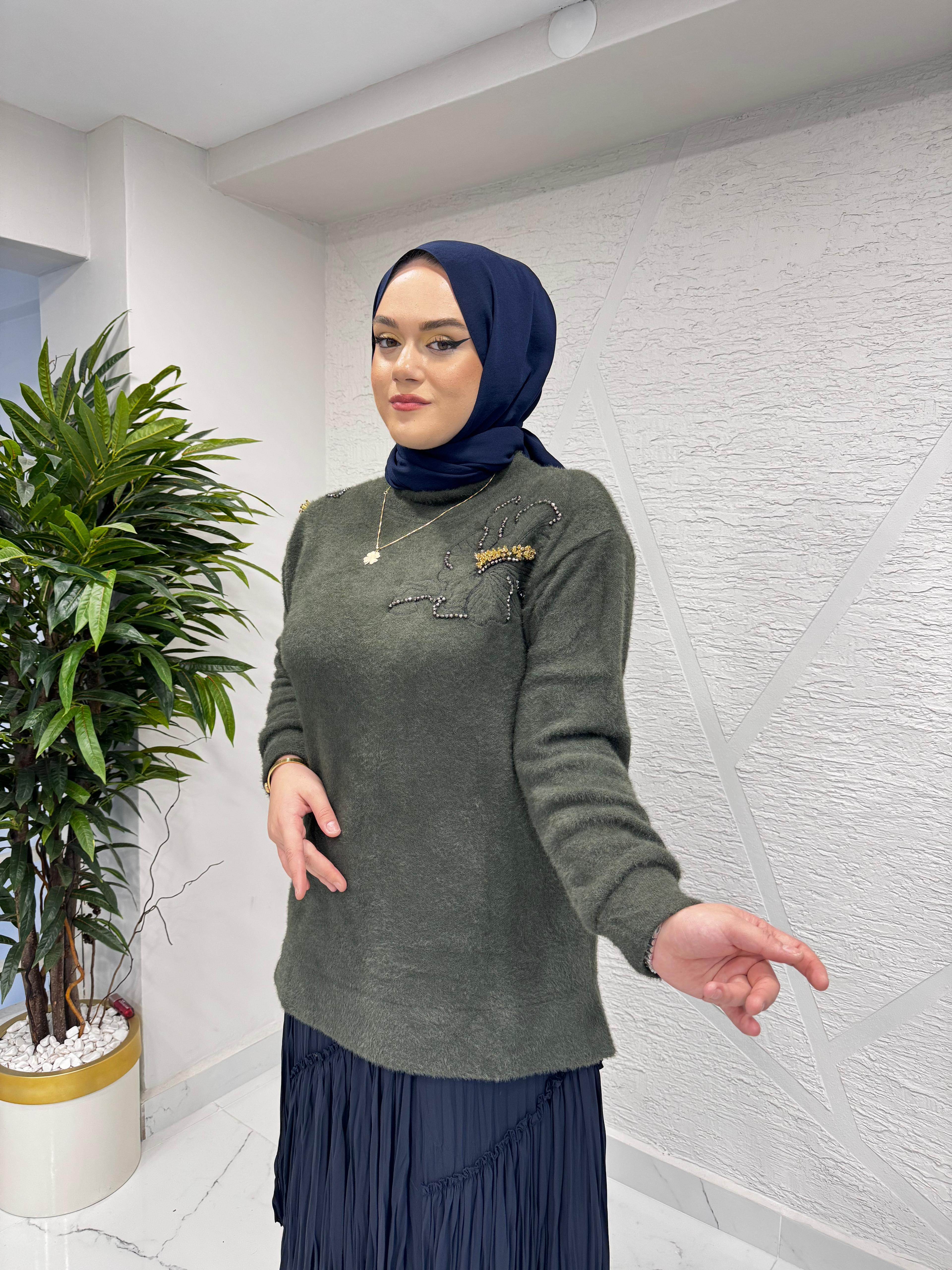 MISSEMRAMISS 5008 FLORANA NAKIŞLI ANGORA TUNİK HAKİ