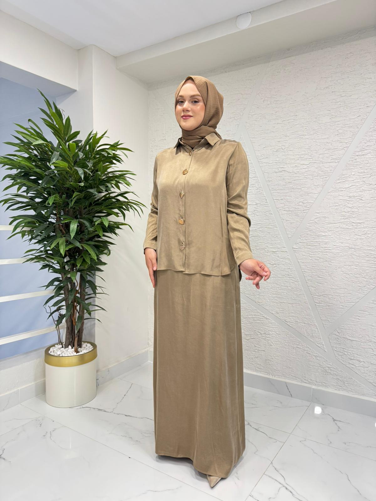 MYRED 50201 CEKETLİ İPEK ELBİSE VİZON