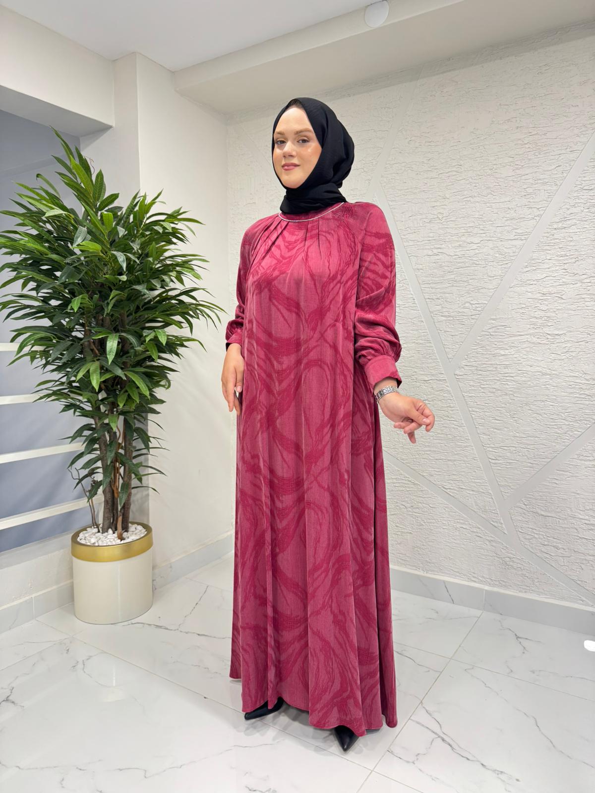 MYRED 50297 YAKASI TAŞ DETAYLI İPEK ELBİSE BORDO
