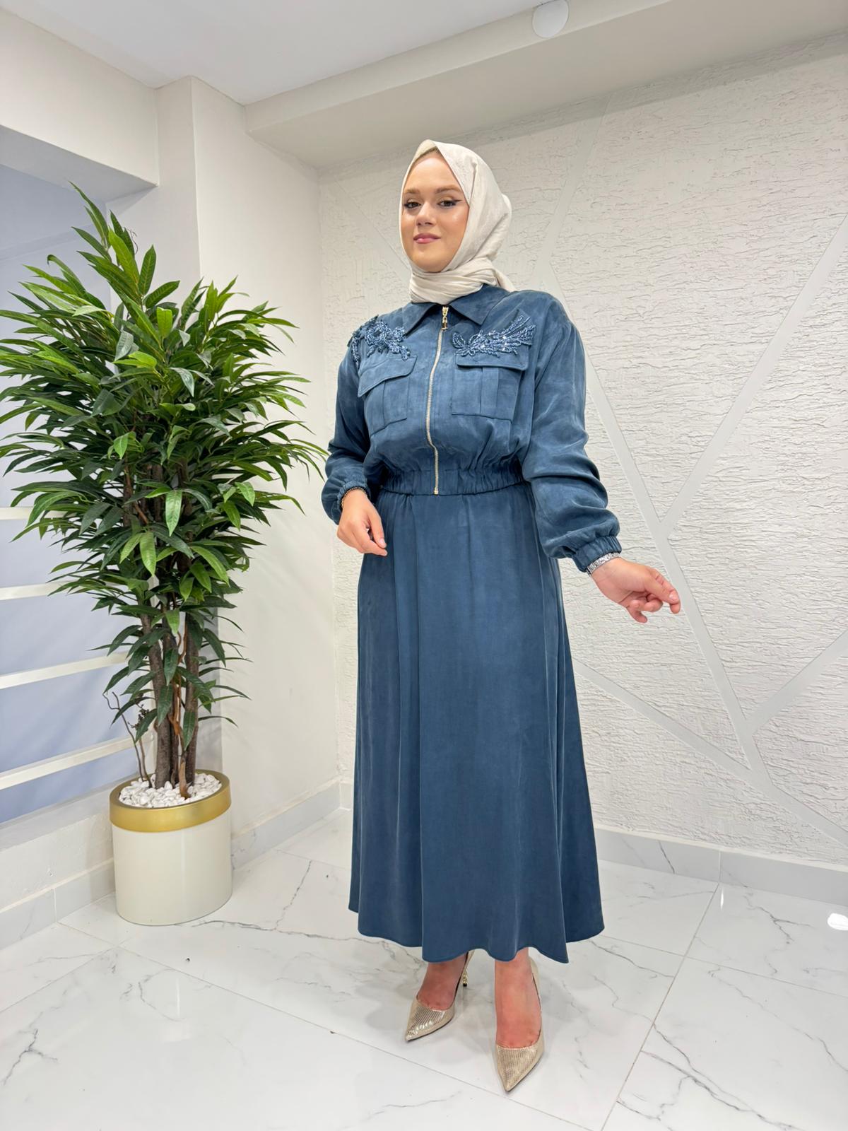 MYRED 50323 BONCUK İŞLEMELİ ETEKLİ TAKIM MAVİ
