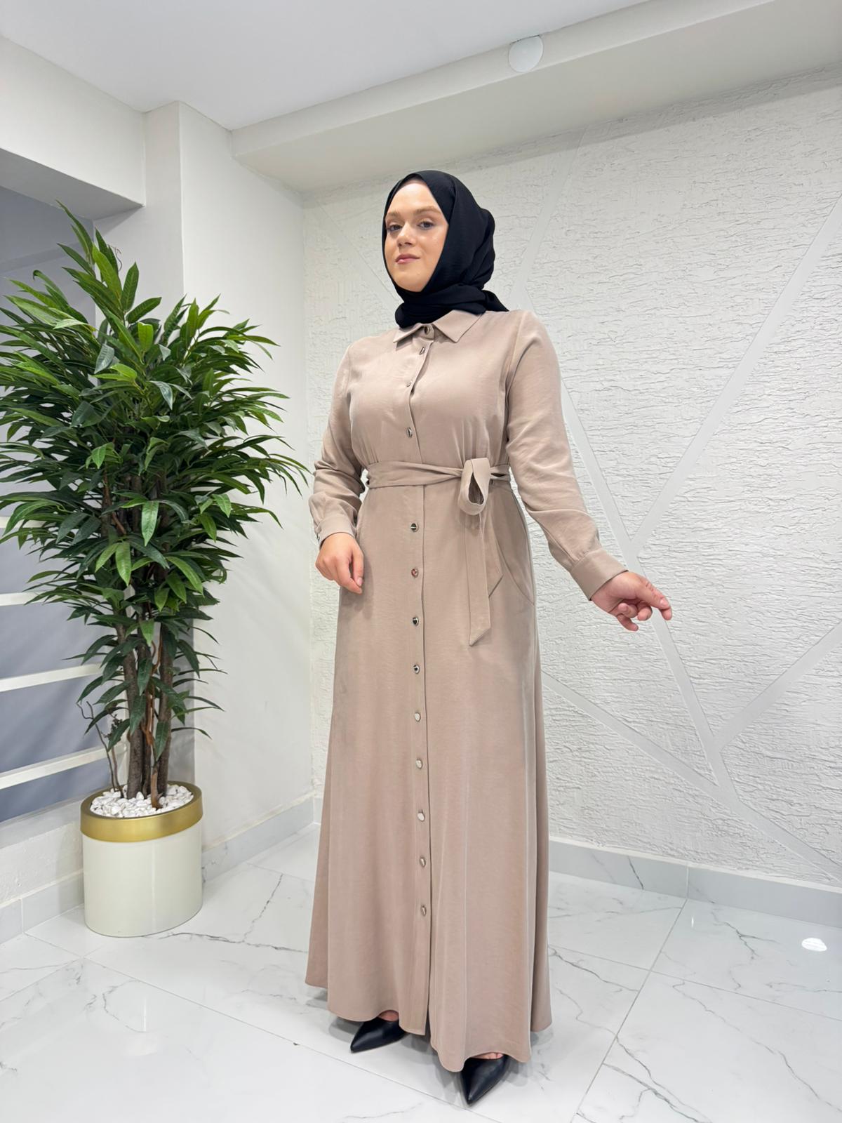 MYRED 50378 DÜĞMELİ GÖMLEK YAKA ELBİSE BEJ