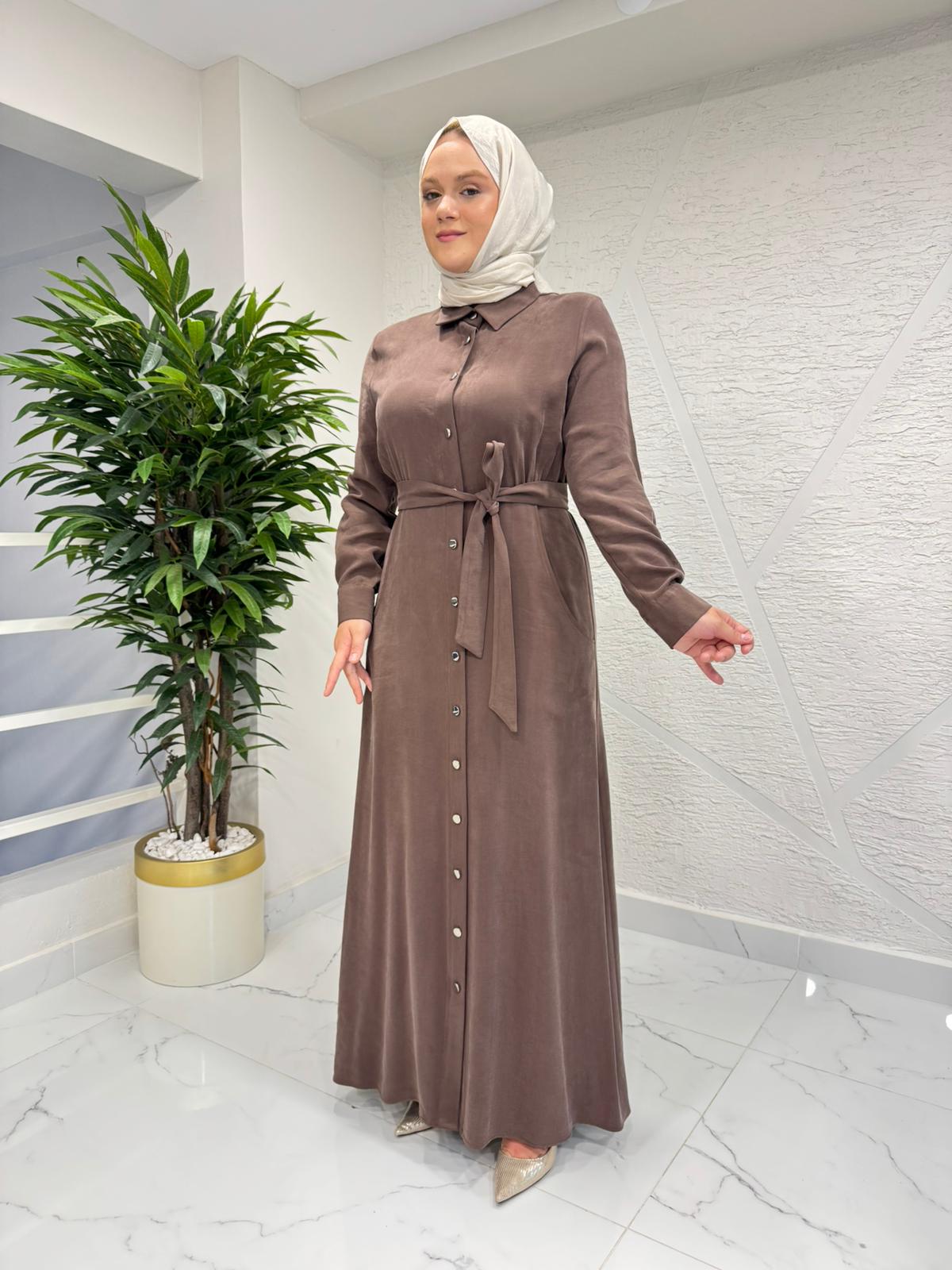 MYRED 50378 DÜĞMELİ GÖMLEK YAKA ELBİSE KAHVERENGİ