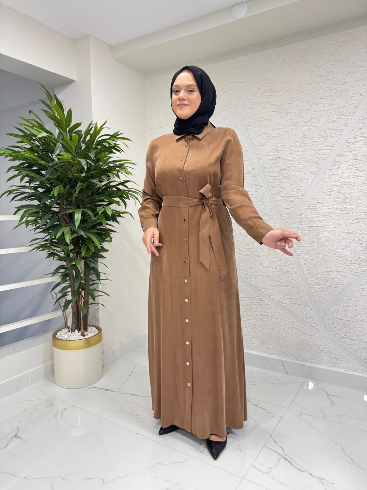 MYRED 50378 DÜĞMELİ GÖMLEK YAKA ELBİSE VİZON