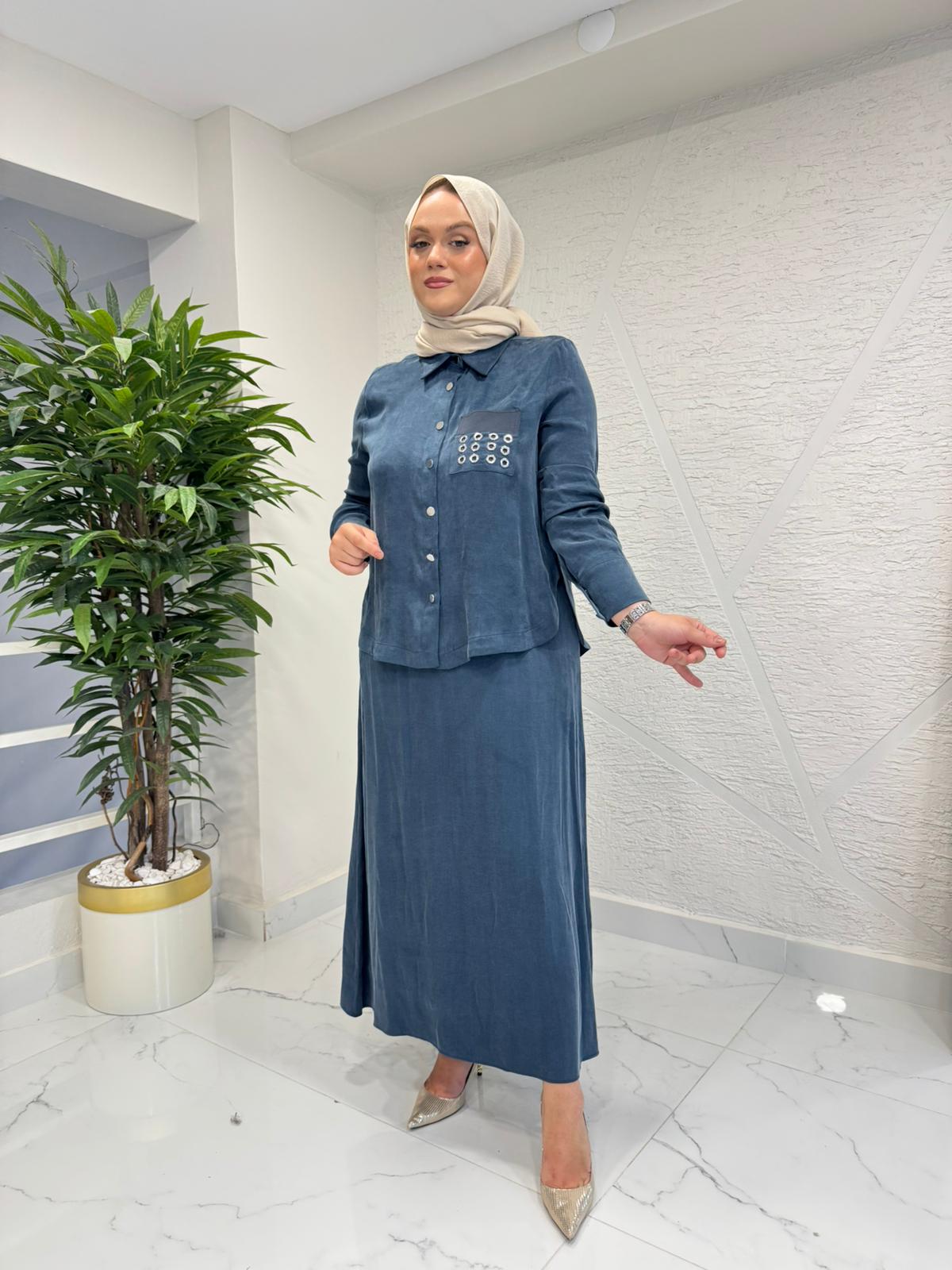 MYRED 50417 GÖMLEĞİ CEPLİ METAL İŞLEMELİ ETEKLİ TAKIM LACİVERT