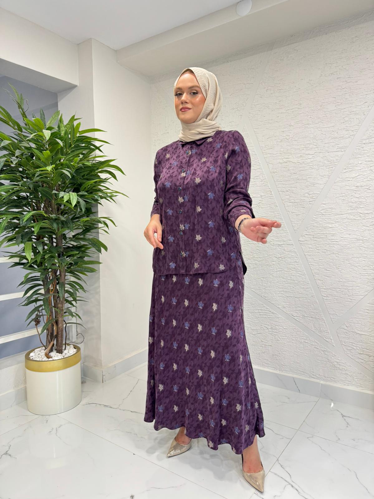 MYRED 50513 YAPRAK DESENLİ GÖMLEK ETEKLİ TAKIM MOR