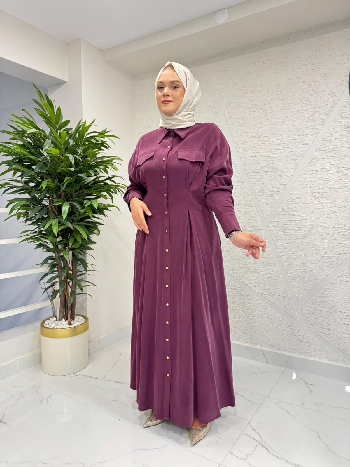 MYRED 50529 TENCEL CUPRA GÖMLEK YAKA DÜĞMELİ ELBİSE BORDO