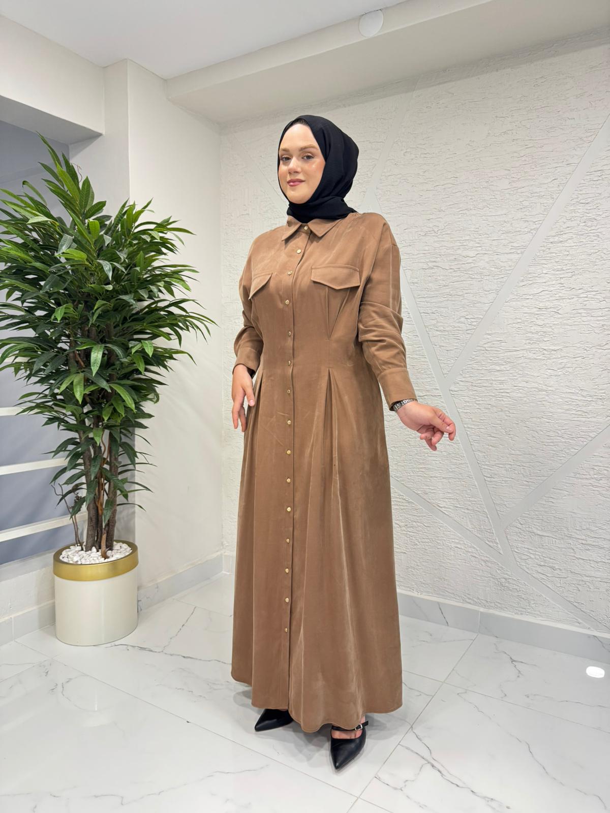 MYRED 50529 TENCEL CUPRA GÖMLEK YAKA DÜĞMELİ ELBİSE CAMEL