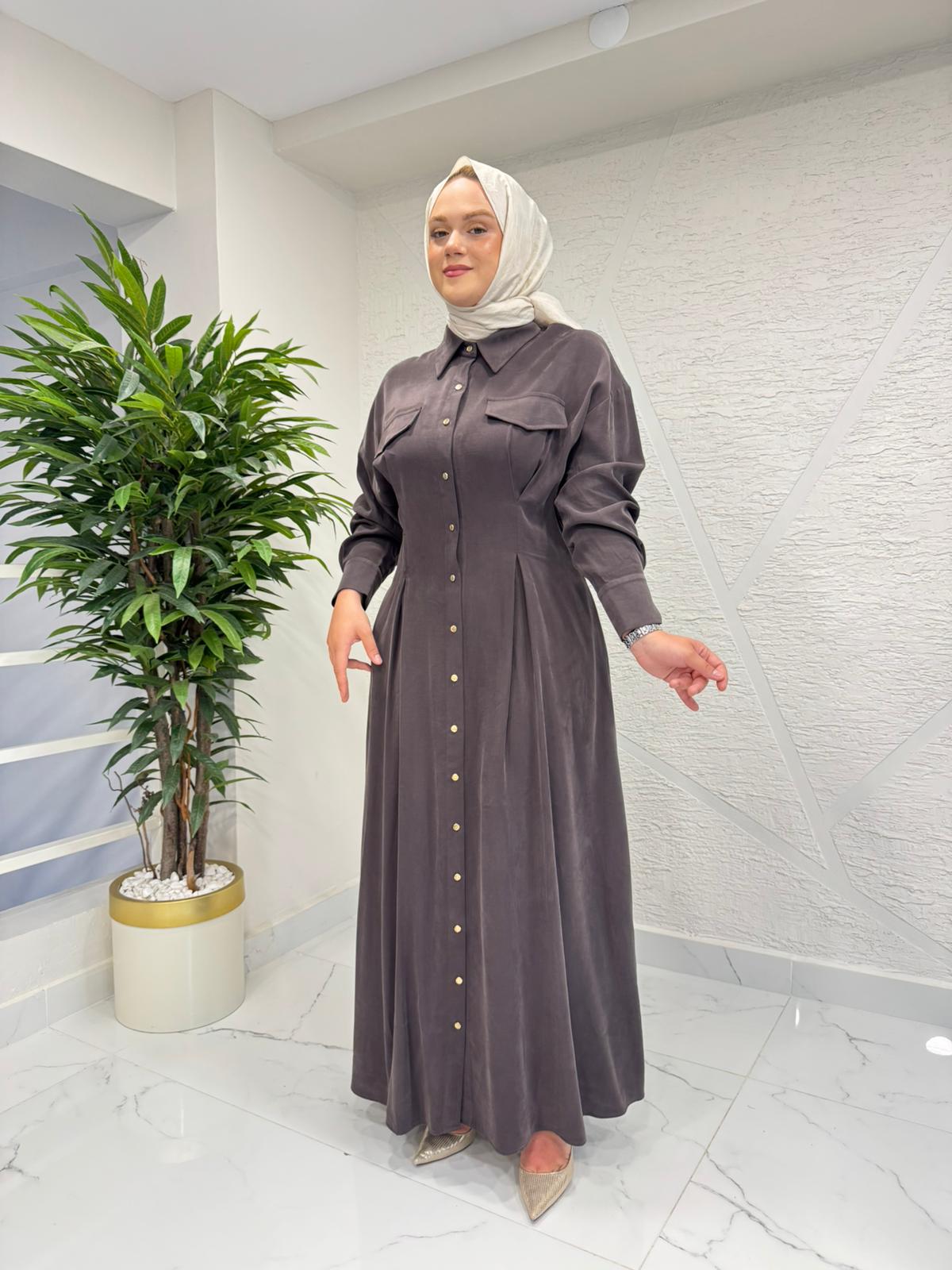 MYRED 50529 TENCEL CUPRA GÖMLEK YAKA DÜĞMELİ ELBİSE KAHVERENGİ