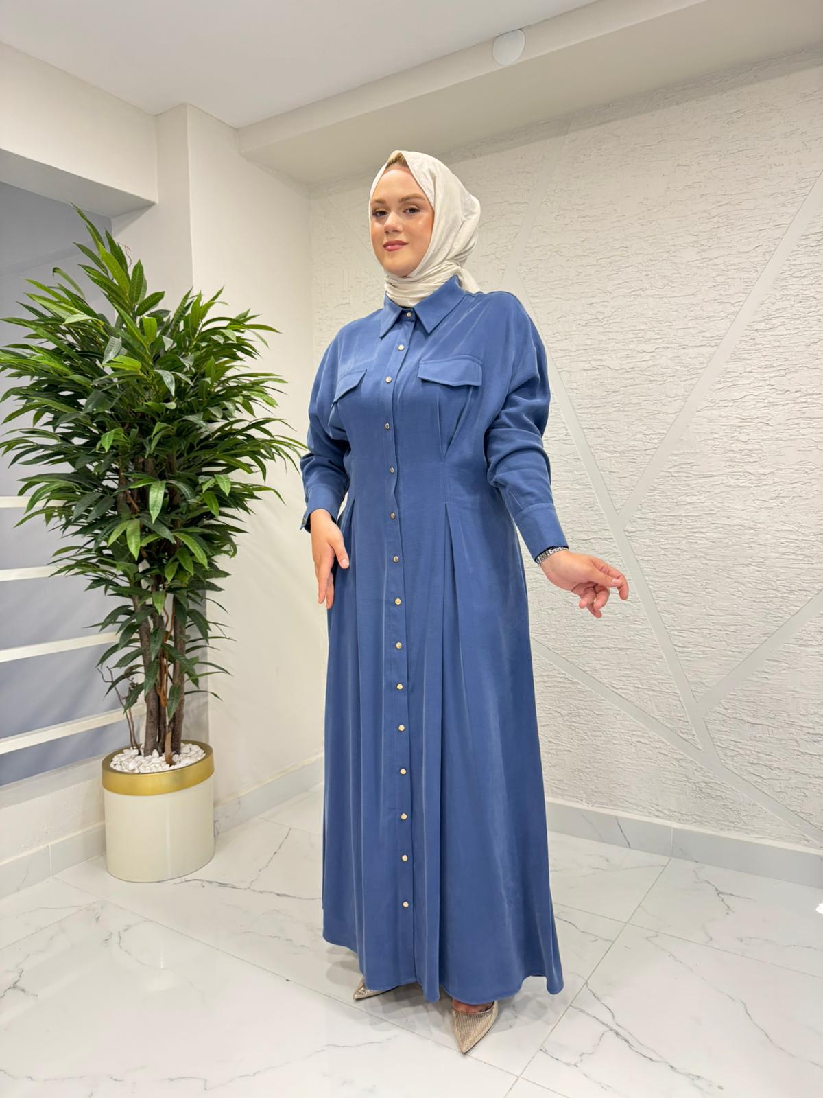 MYRED 50529 TENCEL CUPRA GÖMLEK YAKA DÜĞMELİ ELBİSE MAVİ