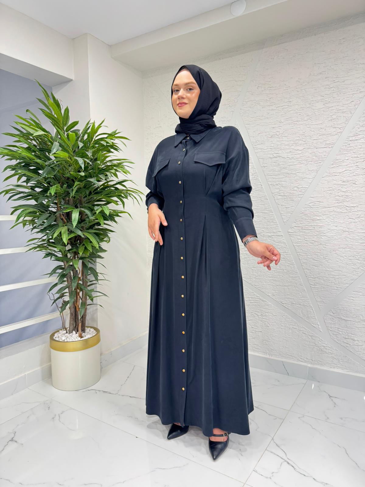 MYRED 50529 TENCEL CUPRA GÖMLEK YAKA DÜĞMELİ ELBİSE SİYAH