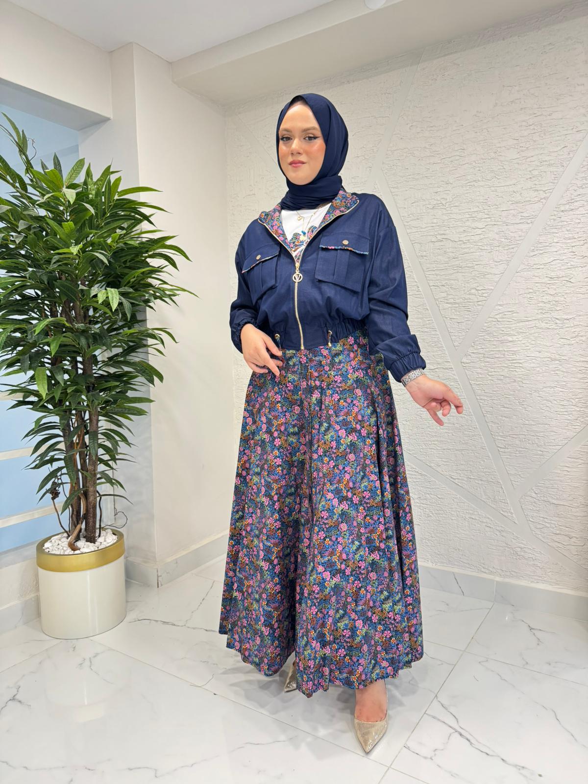 MYRED 50590 ETEĞİ DESENLİ CEKET TSHIRT ÜÇLÜ TAKIM LACİVERT
