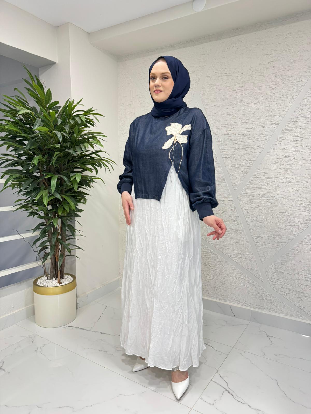 MISSEMRAMISS 5169 DOUBLE DREAM ELBİSE BLUZ TAKIM MAVİ-EKRU