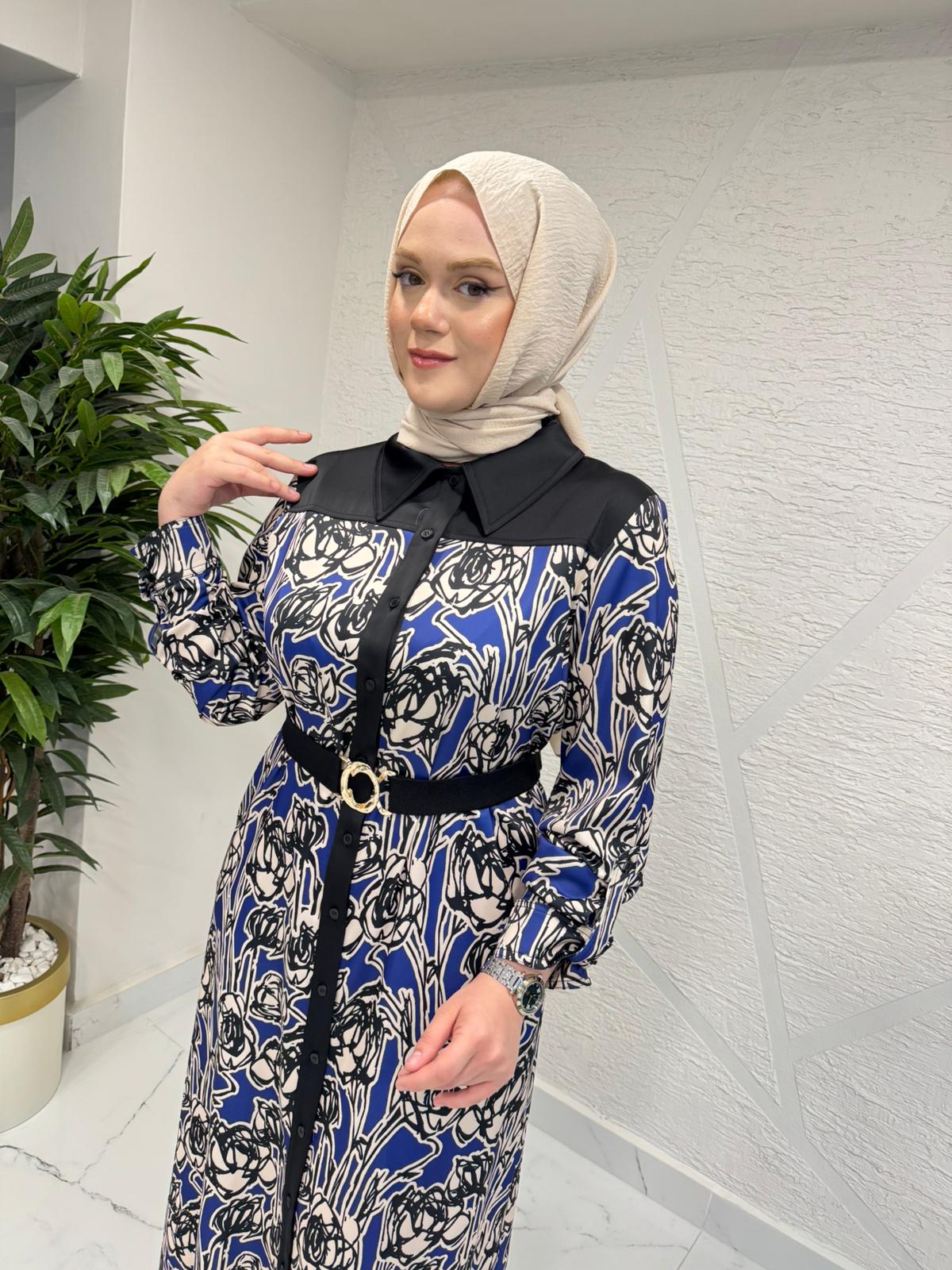 MISSEMRAMISS 5235 FİORA NOTTE ELBİSE LACİVERT DESENLİ