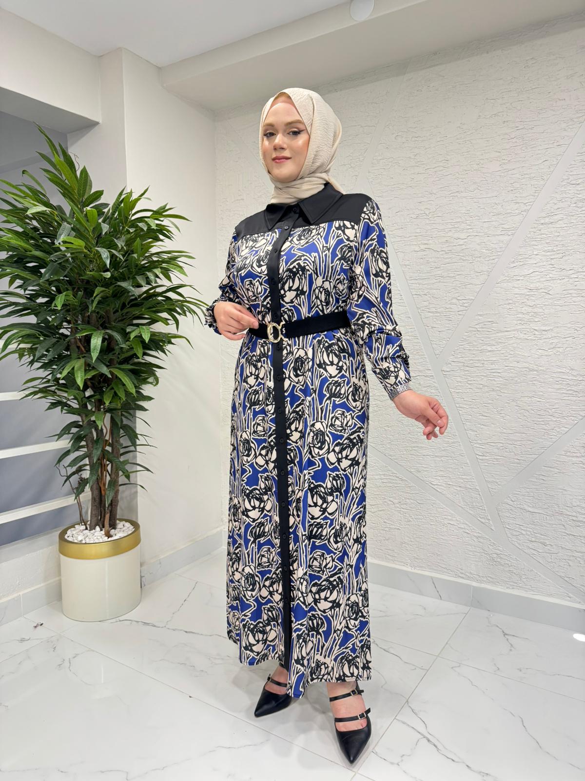 MISSEMRAMISS 5235 FİORA NOTTE ELBİSE LACİVERT DESENLİ