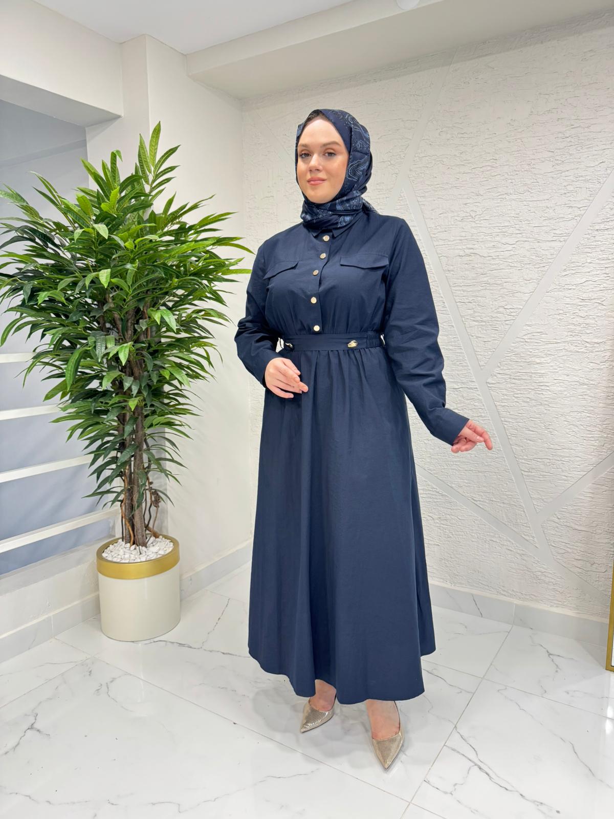 MISSEMRAMISS 5280 NAKIŞLI KEMERLİ ELBİSE LACİVERT