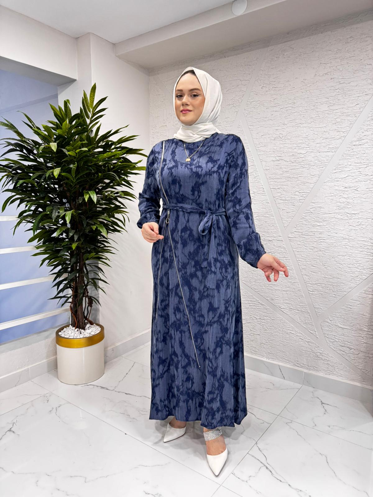 CLEMENCE 5393 YANLARI FERMUAR DETAYLI İPEK ELBİSE İNDİGO