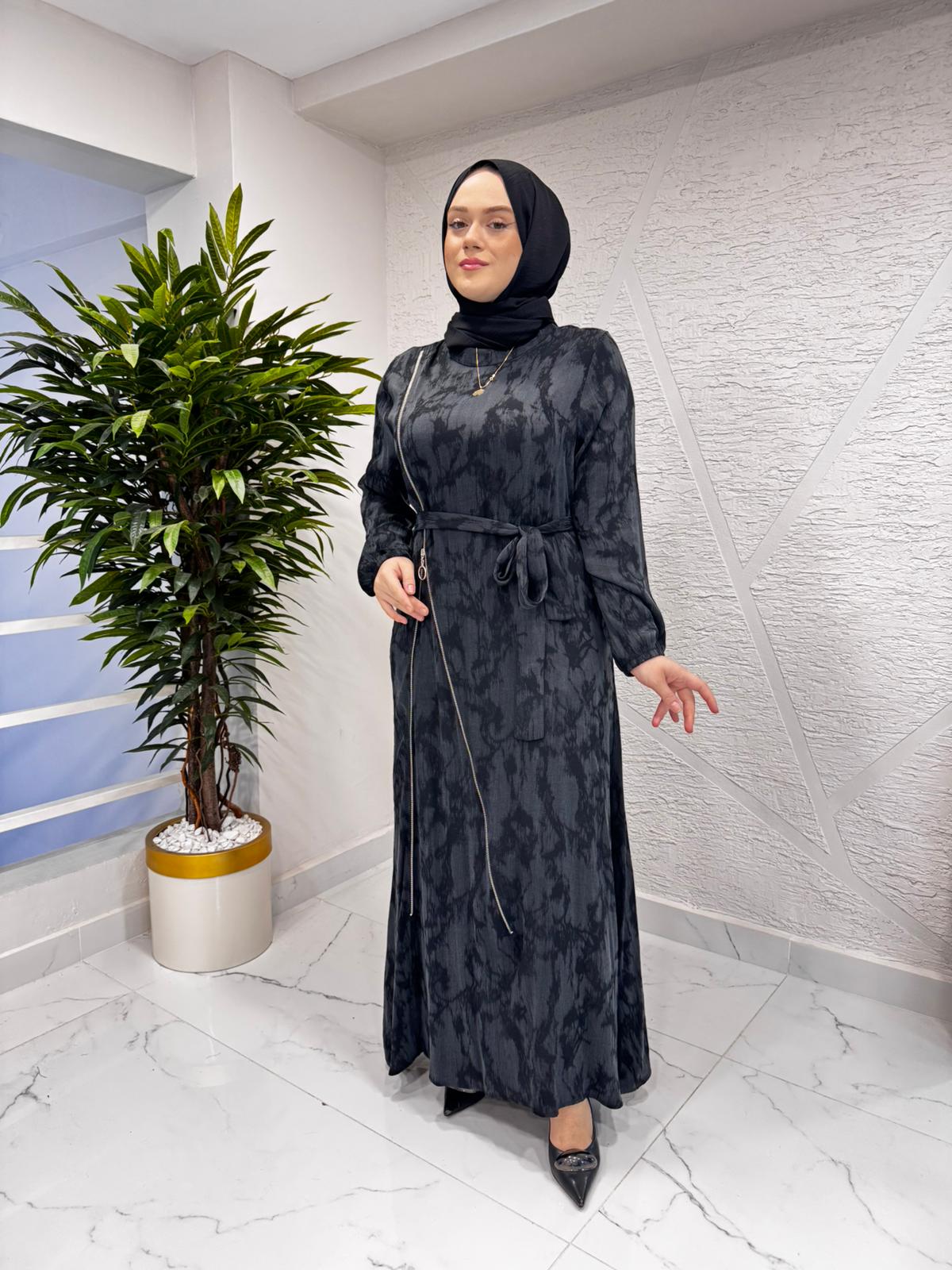 CLEMENCE 5393 YANLARI FERMUAR DETAYLI İPEK ELBİSE SİYAH