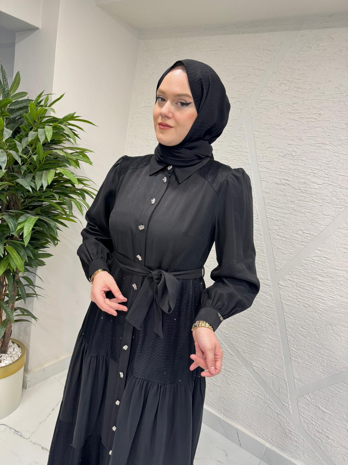 OTTO 5403 FİLE KOMBİNLİ TENCEL ELBİSE SİYAH