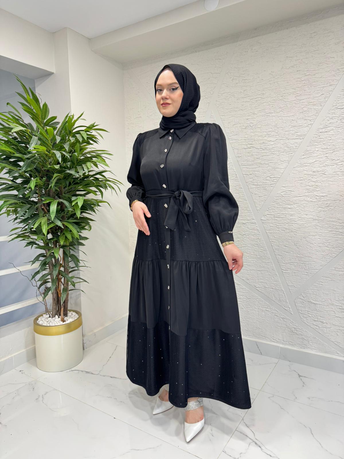 OTTO 5403 FİLE KOMBİNLİ TENCEL ELBİSE SİYAH