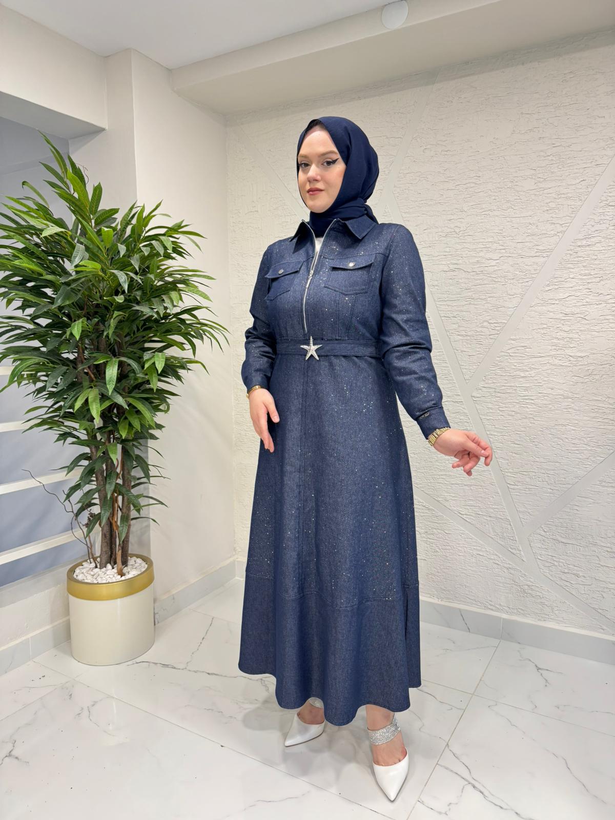 OTTO 5413 SIVAMA TAŞLI KOT ELBİSE İNDİGO