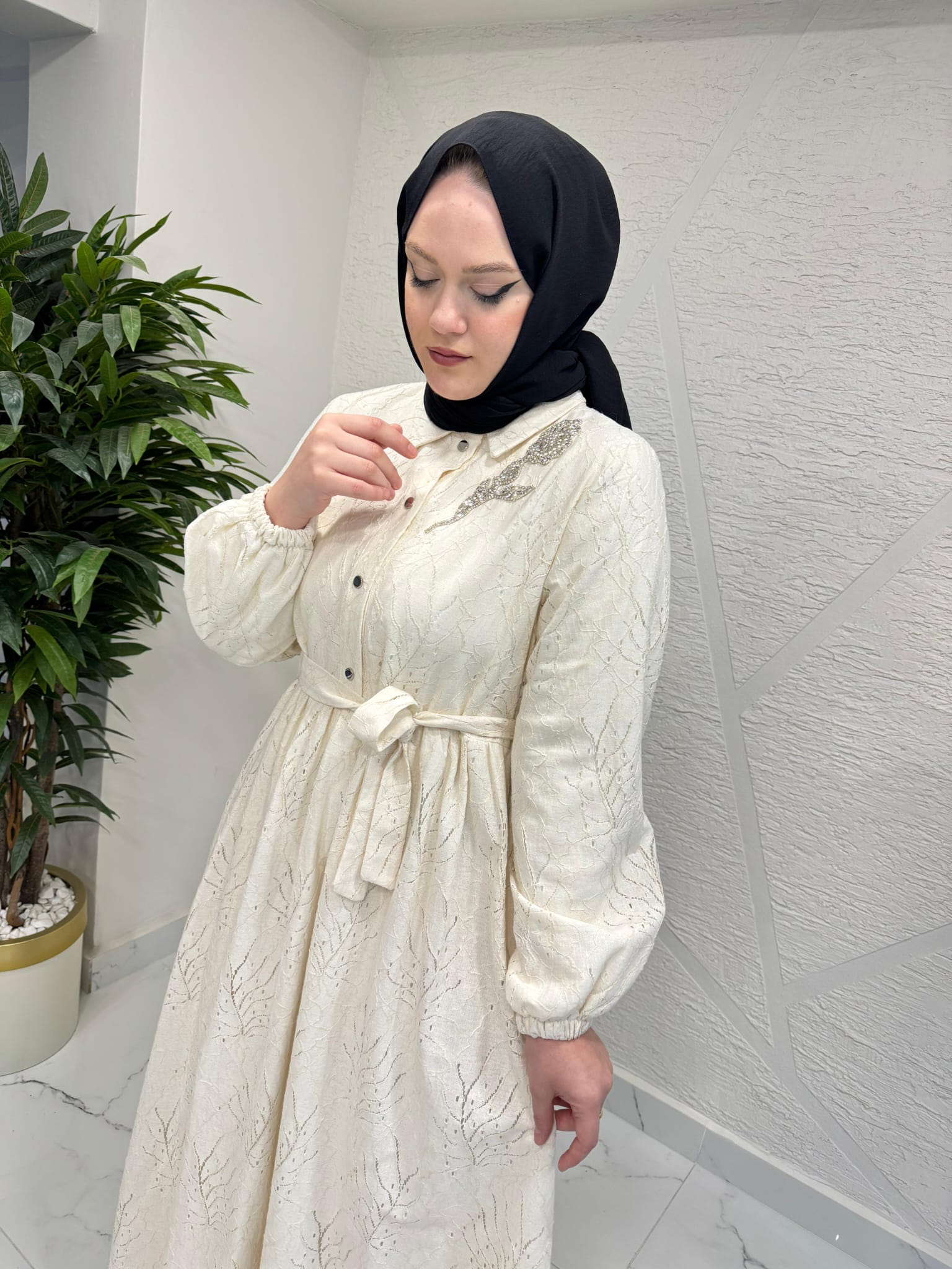 OTTO 5414 YAPRAK DESENLİ PAMUK ELBİSE BEJ