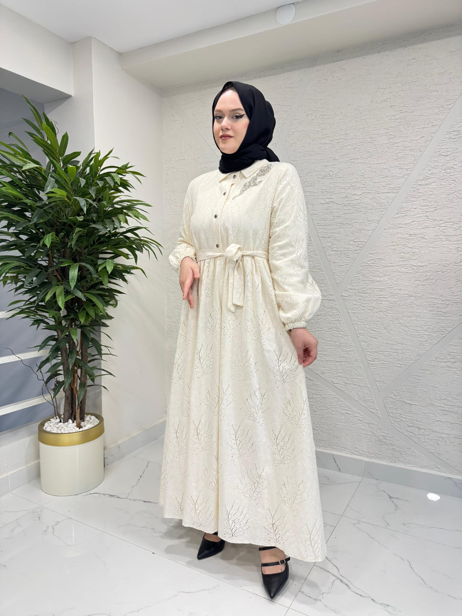 OTTO 5414 YAPRAK DESENLİ PAMUK ELBİSE BEJ