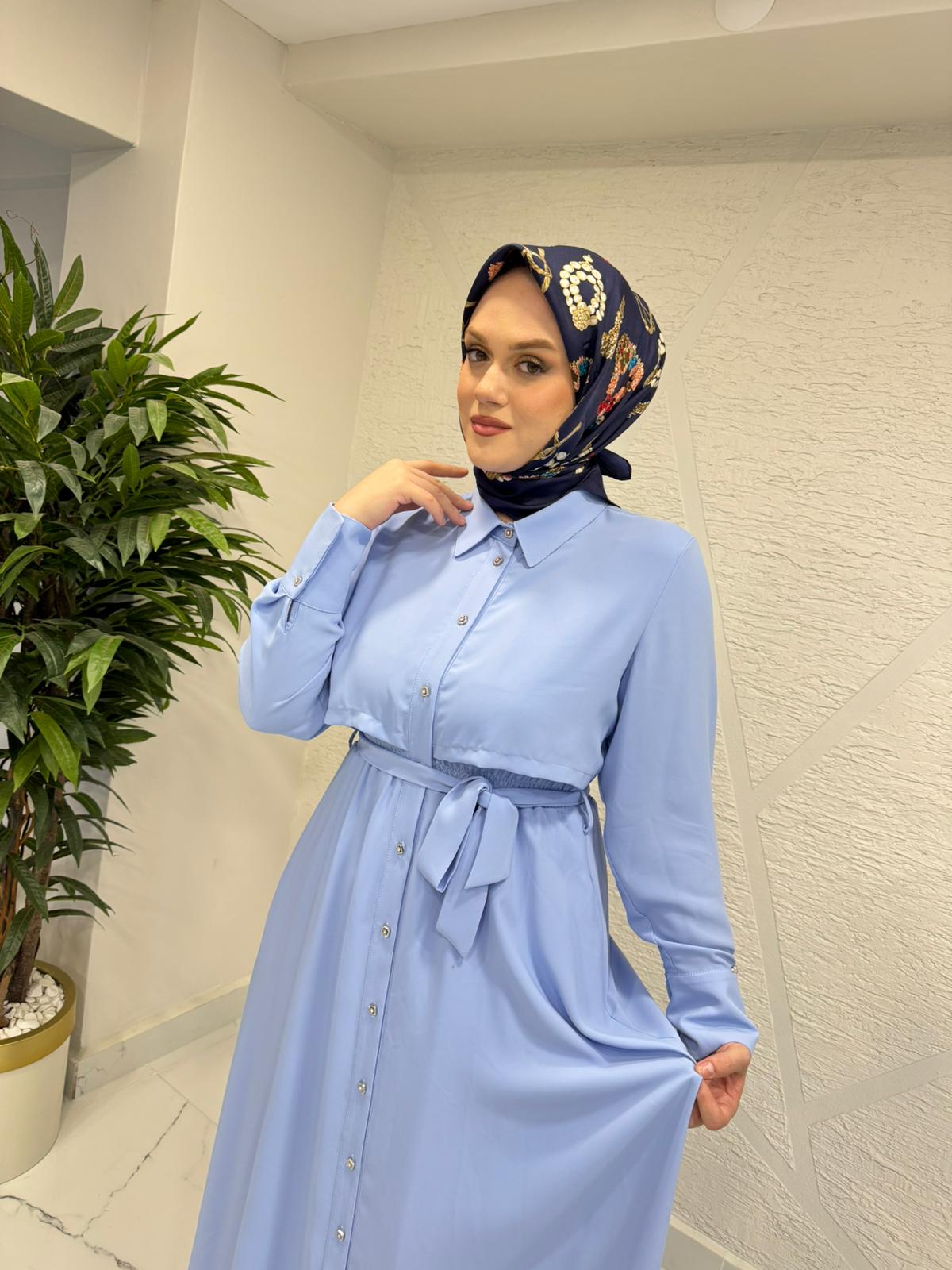 OTTO 5437 BELDEN KUŞAKLI ELBİSE MAVİ