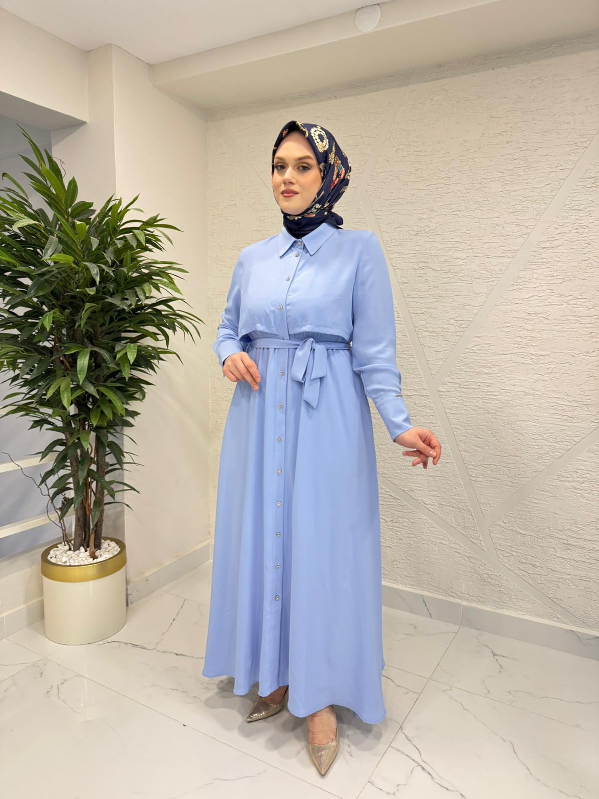 OTTO 5437 BELDEN KUŞAKLI ELBİSE MAVİ