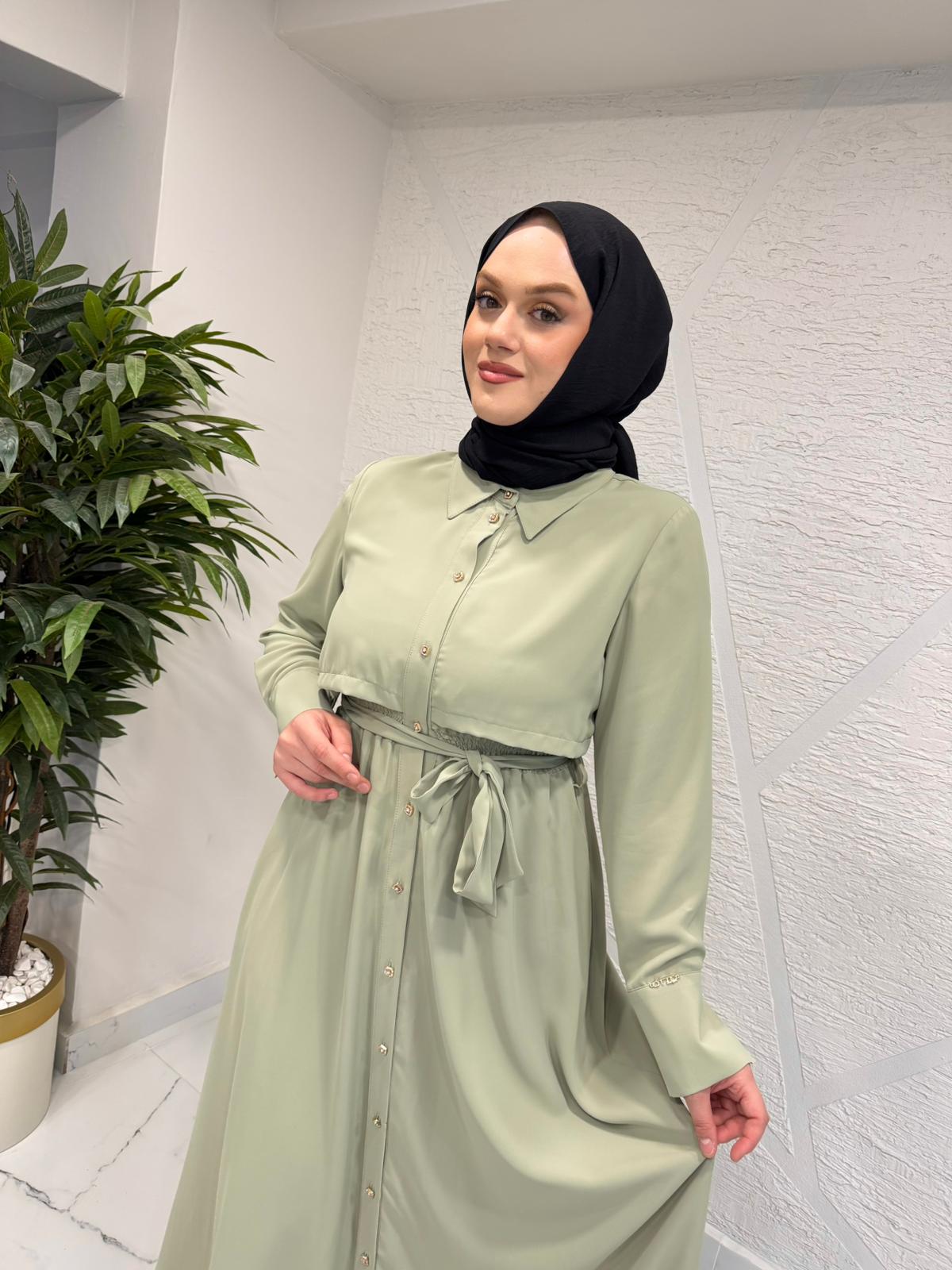 OTTO 5437 BELDEN KUŞAKLI ELBİSE KÜF YEŞİLİ