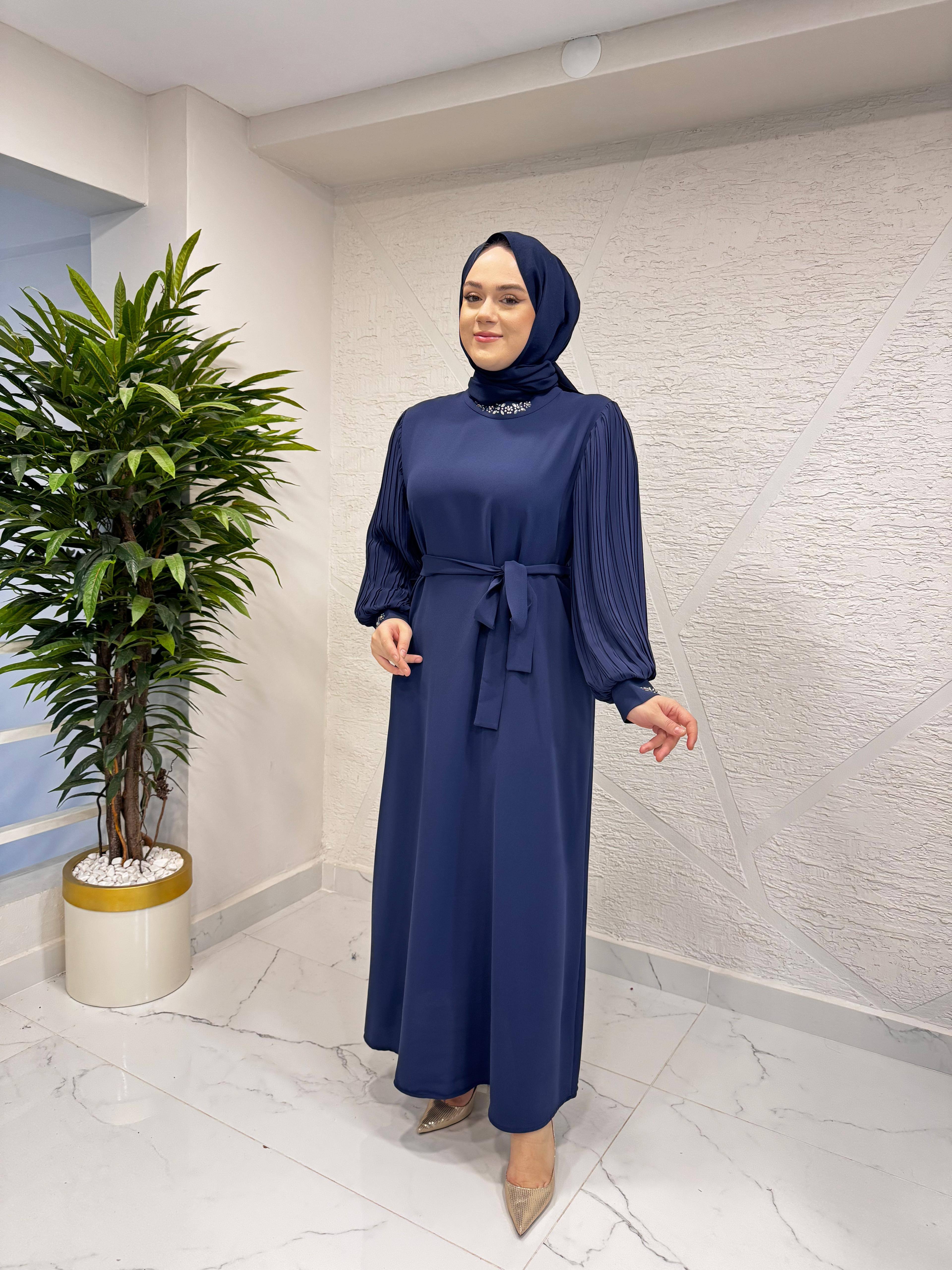 CLEMENCE 5449 KREP TAŞLI ELBİSE LACİVERT