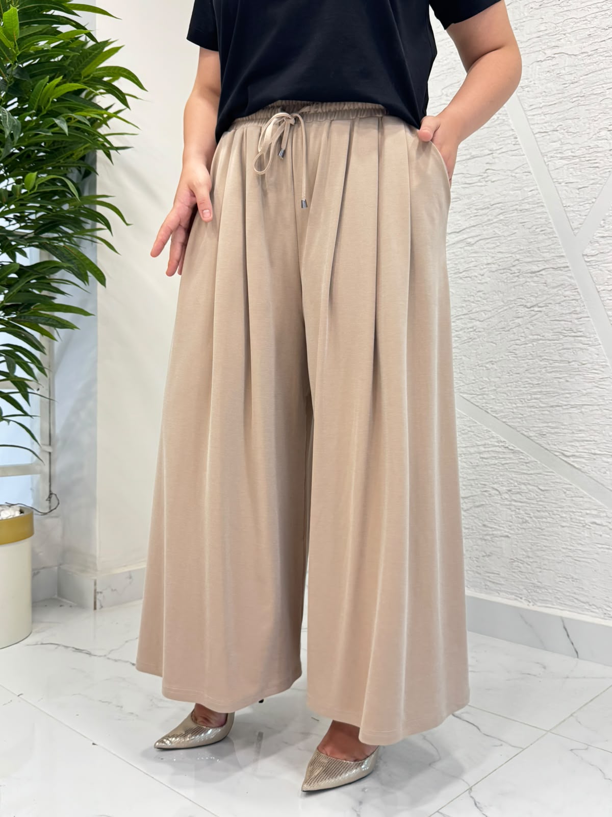SENTEZ 5664 PİLELİ GENİŞ PAÇA PANTOLON BEJ
