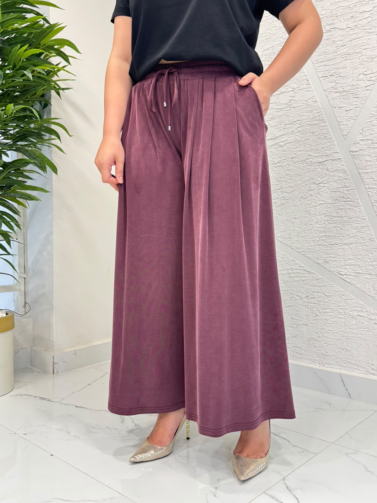 SENTEZ 5664 PİLELİ GENİŞ PAÇA PANTOLON BORDO